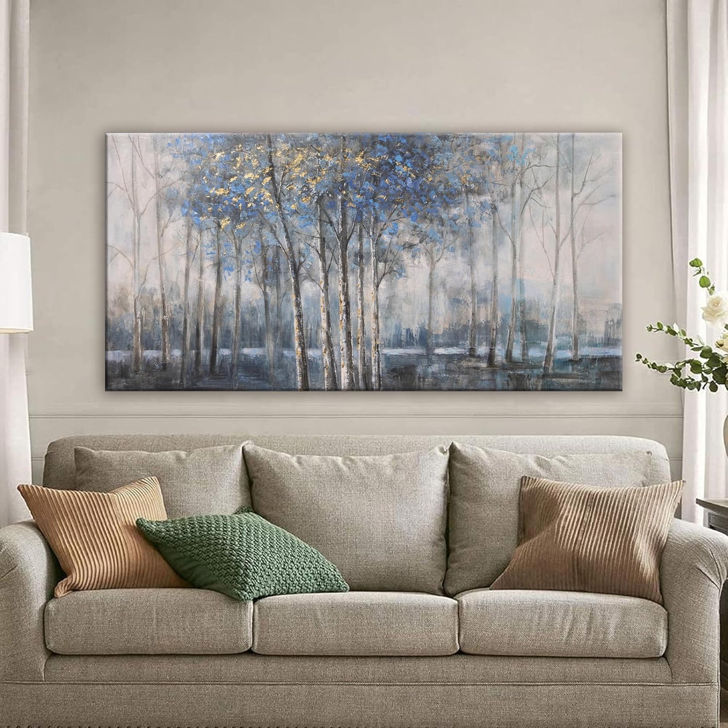 Canvas Wall Art Decor Pictures Wall Decor Prints Modern Large Wall Art Gold Wall Art Blue Grey Misty Botanical Textured Artwork for Walls For Room Living Room Bedroom Office Wall Decor 24"X48"