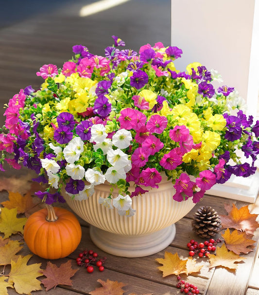 Artificial Flowers for Outdoors Fake Plants Outside Decoration, 12 Bundles Silk Colorful Morning Glory with Eucalyptus UV Resistant Realistic Faux Flowers for Planter Front Door Garden Yard