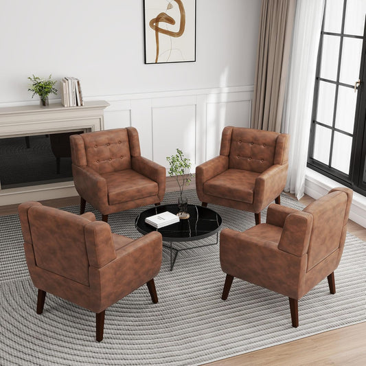 UIXE Faux Leather Accent Chairs Set of 4, Modern Arm Club Chair Upholstered Armchair for Living Room, Comfy Single Sofa Seats Button Tufted Reading Seating, Coffee