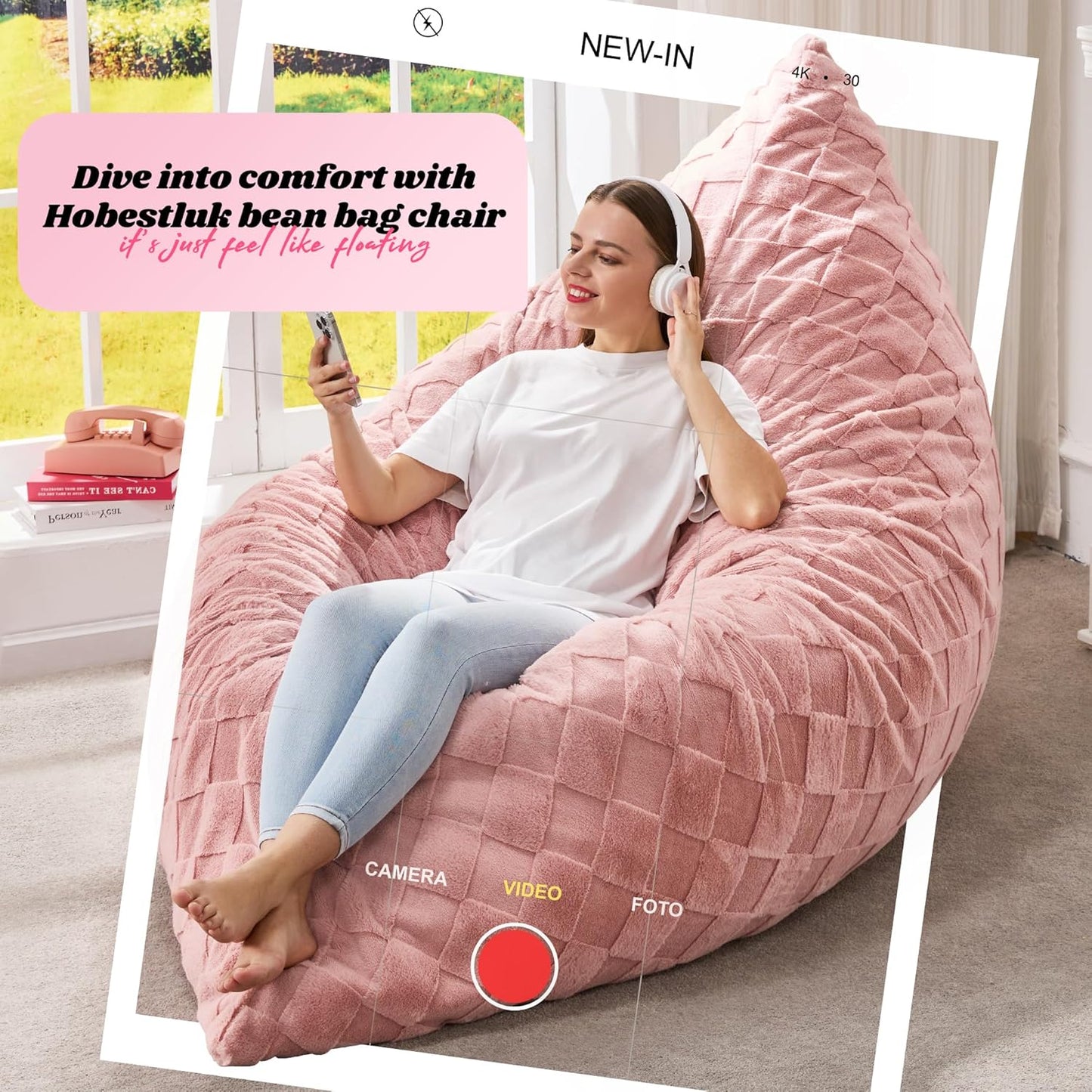 Hobestluk 3 in 1 Bean Bag Chair Giant Bean Bag Chairs for Adults with Plaid Cover Convertible Bean Bag Floor Cushion with Machine Washable Cover for Living Room (Plaid Pink)