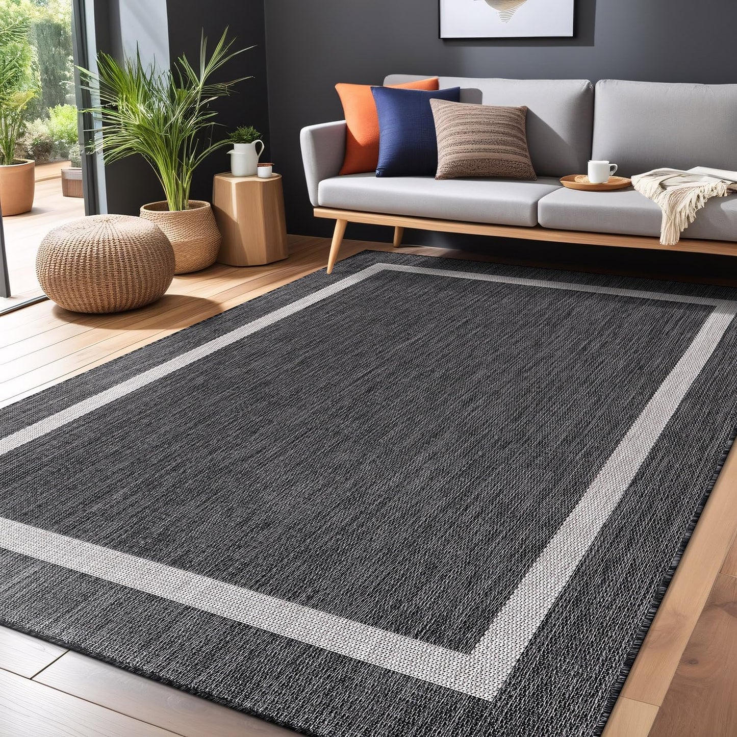Bordered Outdoor Rug 5x7 Washable Outside Carpet for Indoor Patio Porch Waterproof Easy Cleaning Non Shedding Area Rugs Gray 5 x 7