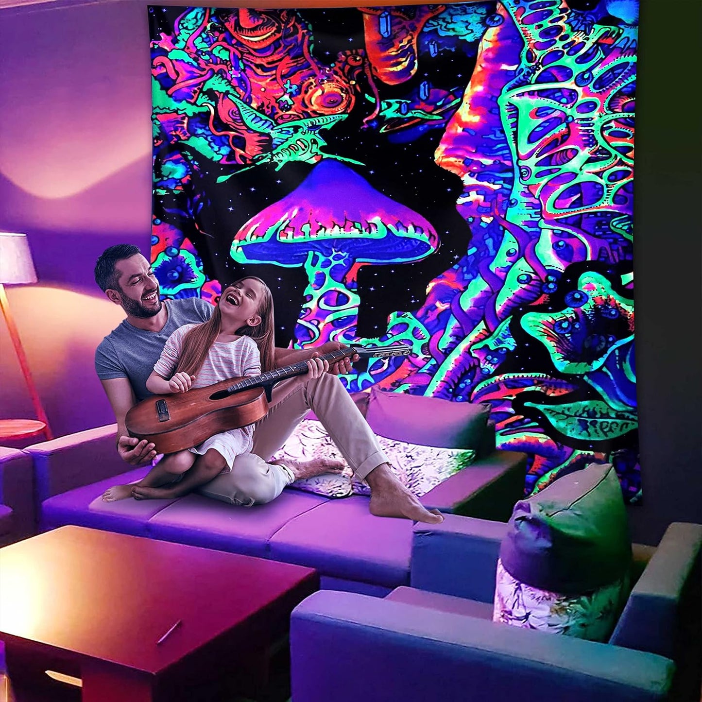ADDWel Blacklight Mushroom Tapestry, Upright Tapestry Glow In The Dark, UV Reactive Black Light Tapestries Posters Wall Hanging for Backdrop Bedroom Dorm Living Room Decor(70"x90")