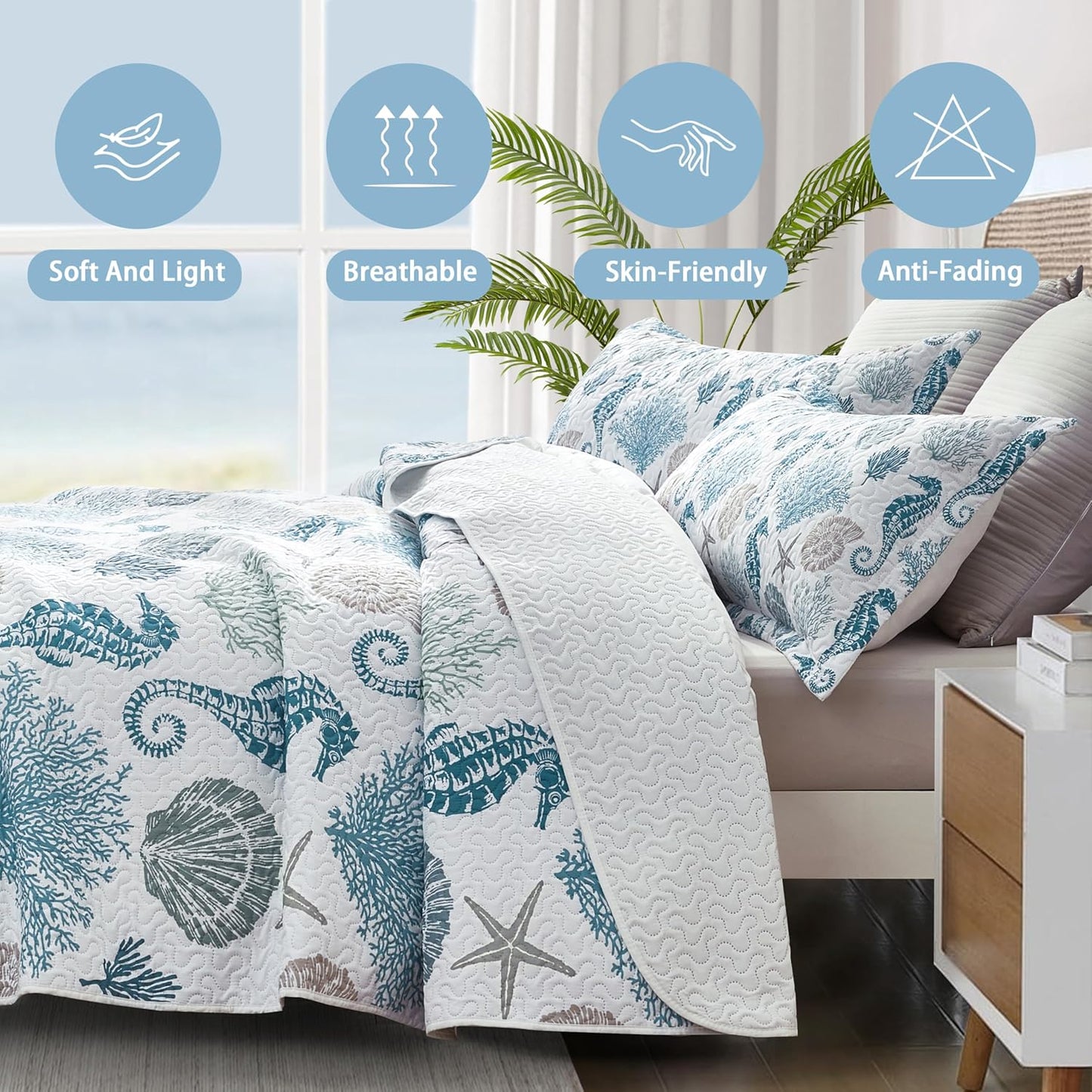 Coastal Bedding California King Size Coastal Quilt with 2 Shams, Nautical Beach Comforter Sets Ocean Bedspreads Blue Seahorse Coverlet Summer Bedding, 106''x118''