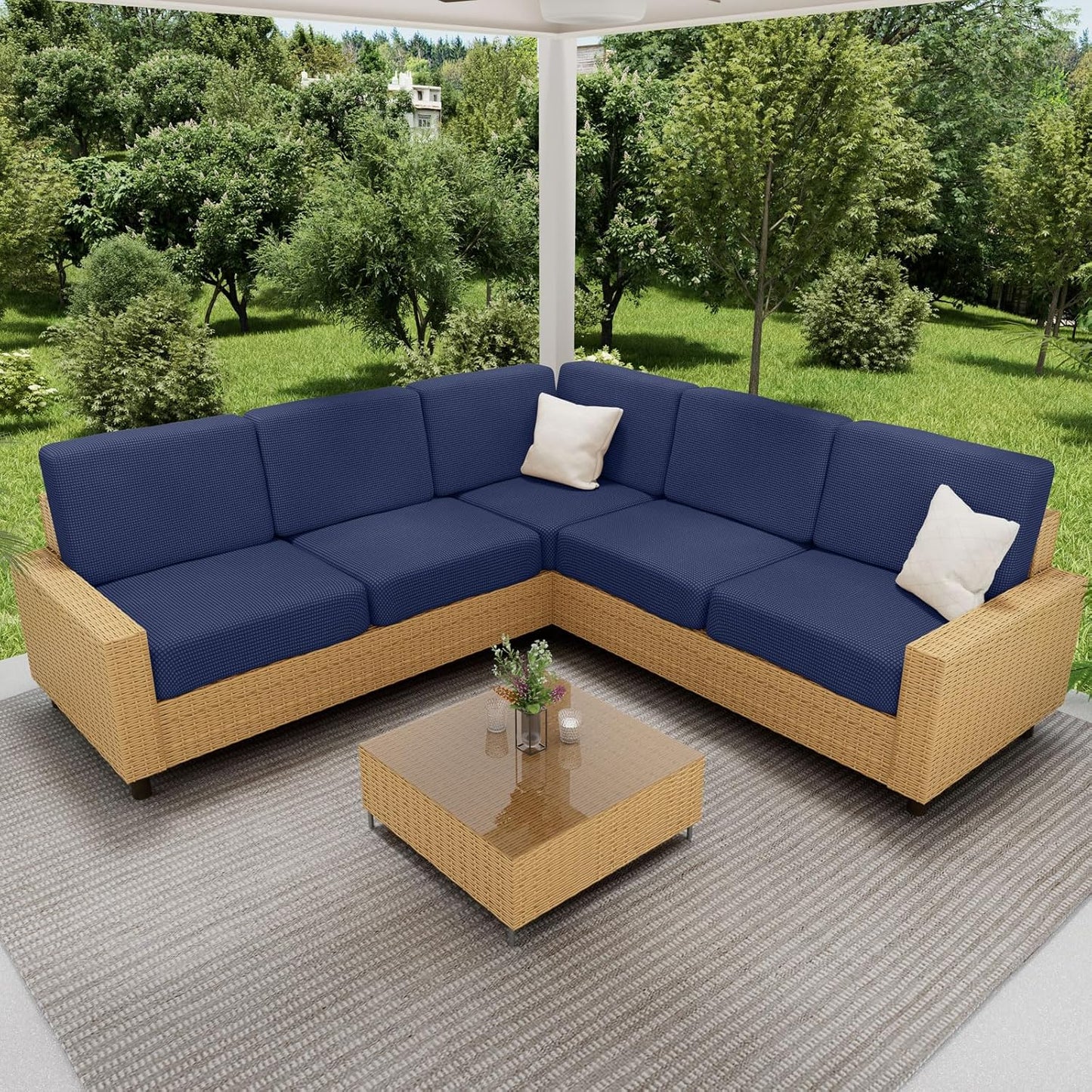 hyha Waterproof Couch Cushion Covers for Pets, Non Slip Sofa Seat Cover for Dogs Washable, Soft Thick Stretch Jacquard Fabric, Sofa Slipcovers with Elastic Bottom (1 Chaise+3 Seater, Navy)