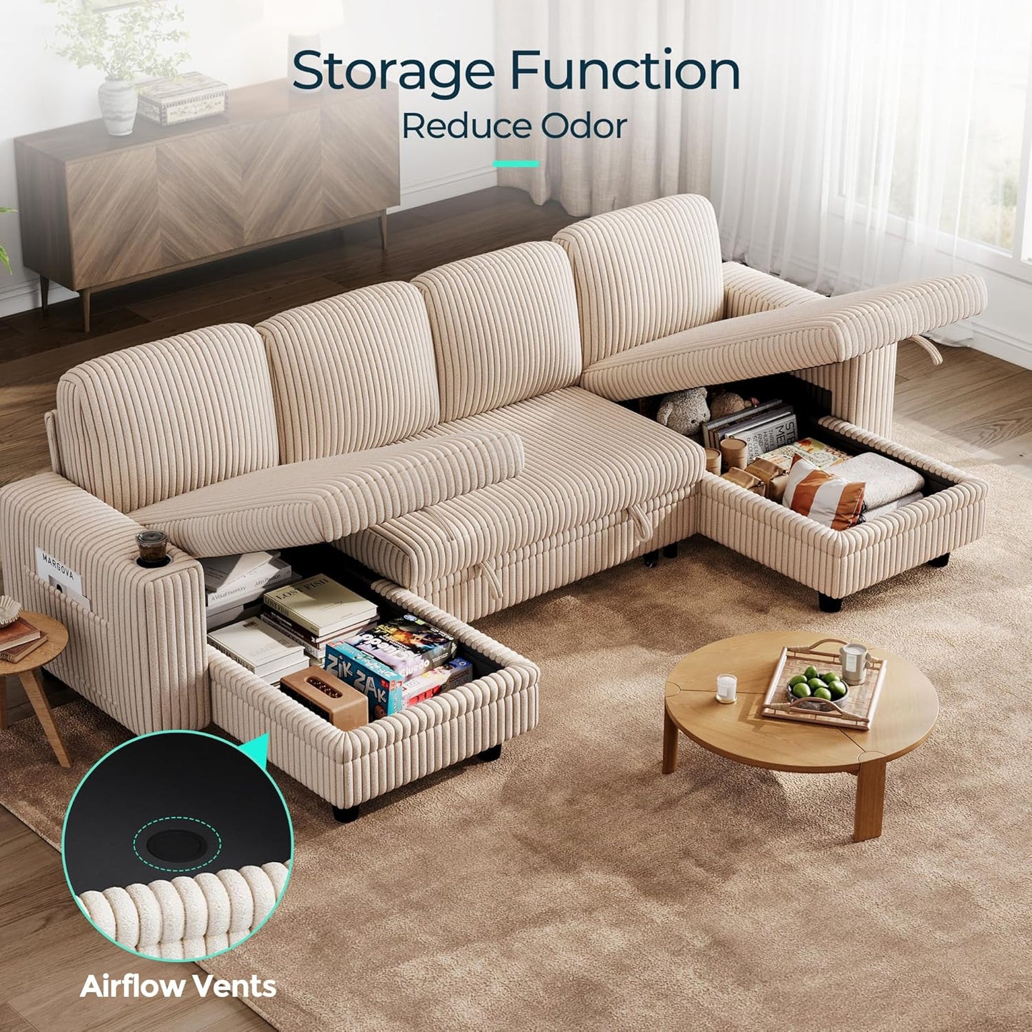 LINSY HOME Sectional Sleeper Sofa with Pull Out Couch Bed - Convertible Plush Corduroy Cloud Couch with Storage Chaise & USB Charging, Comfy U Shaped Modular Couches for Living Room, Beige