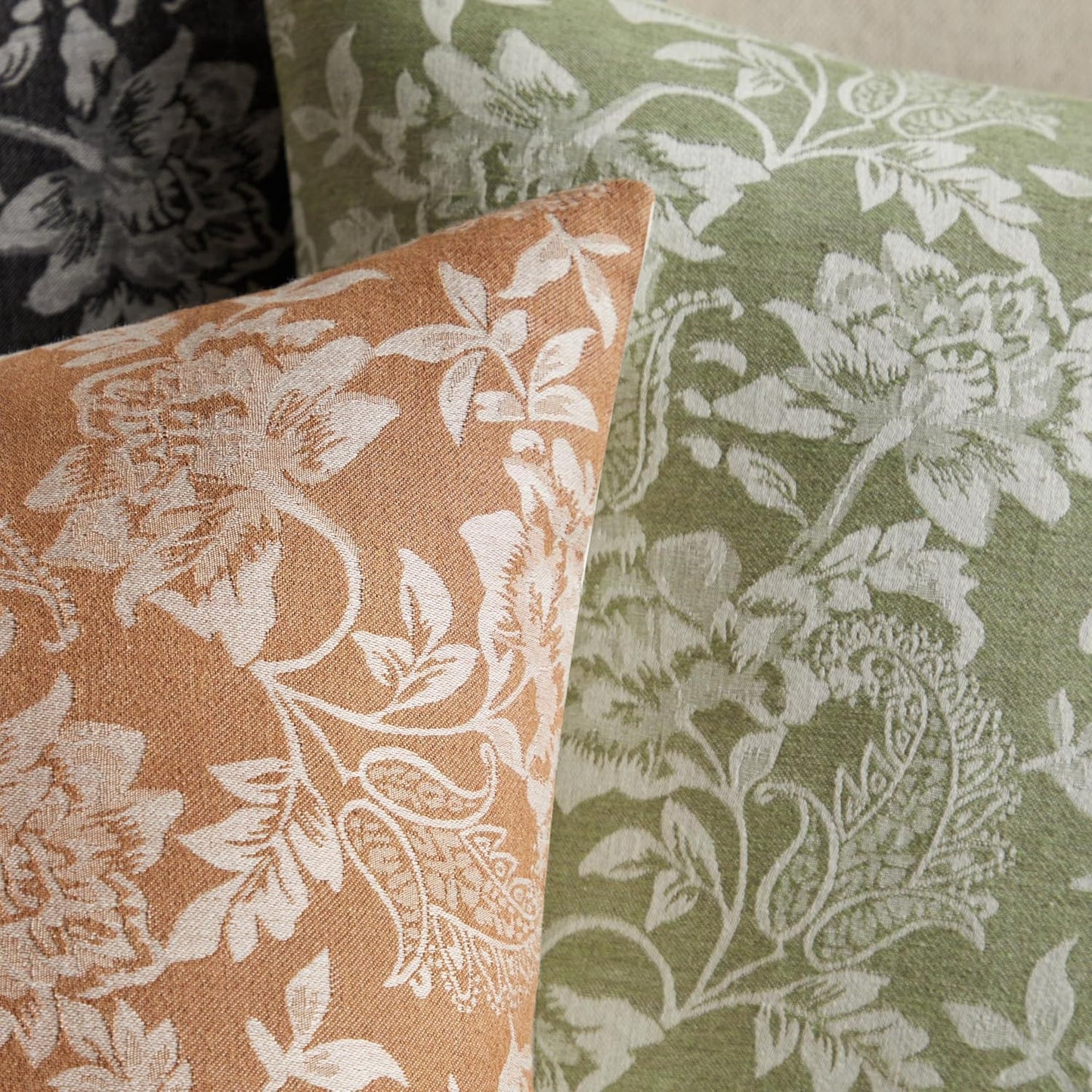 Floral Jacquard Throw Pillow Covers Set of 2, Background/Green 16x16 Inch, Farmhouse Decorative Cotton Sage Green Cushion Covers for Sofa Bed Living Room Home Decor
