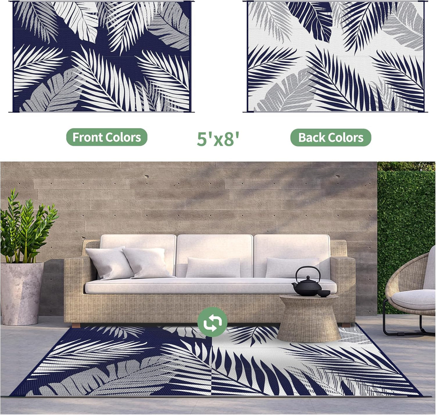 GENIMO Outdoor Rug 5' x 8' Waterproof for Patios Clearance, Reversible Outdoor Plastic Straw Camping Rug Carpet, Large Area Rugs Mats for RV, Picnic, Backyard, Deck, Balcony, Porch, Beach, Blue&White