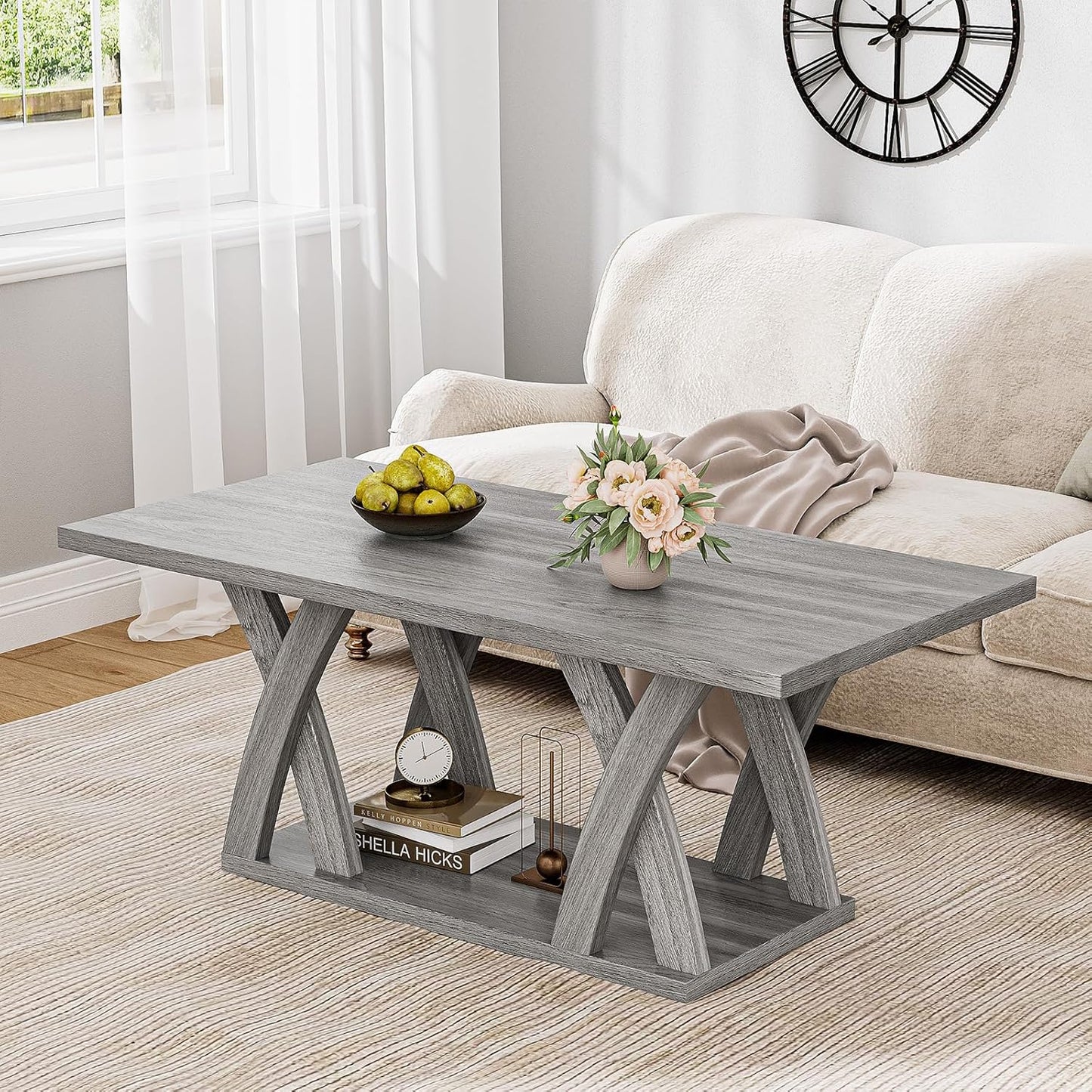 47” Wood Coffee Tables for Living Room Rustic Stands with Storage Shelf Grey Coffee Tables for Living Room Farmhouse Center Stands with Shelf Farmhouse Rectangle Center Table