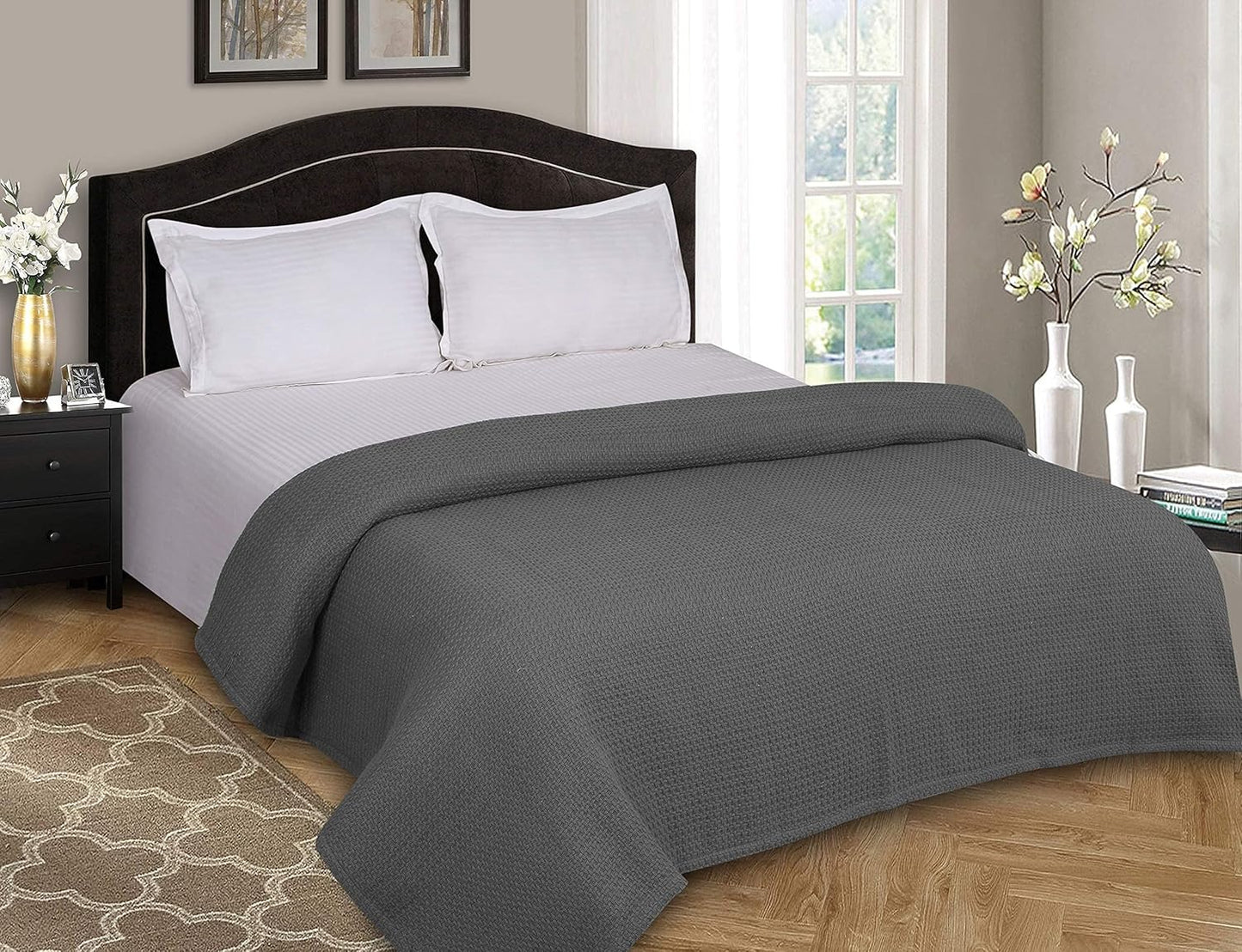 Elvana Home 100% Cotton Bed Blanket, Breathable Bed Blanket King Size, Cotton Thermal Blankets King, Perfect for Layering Any Bed for All Season, Charcoal Grey