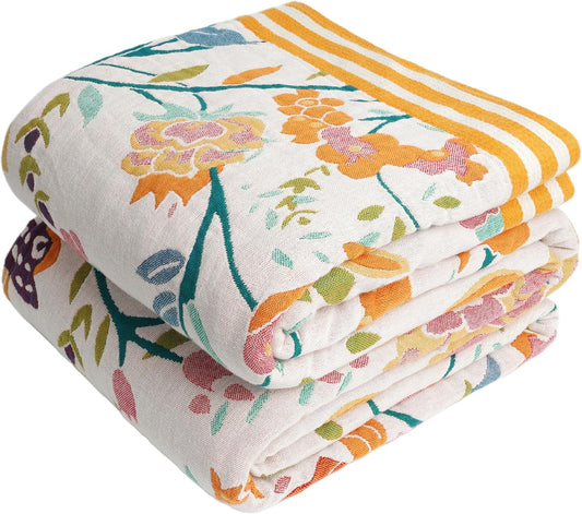 Boho Throw Blanket, 100% Organic Cotton Breathable Ultra Soft 80" x 90" Bed Quilt Throw - All Season Floral Rustic Farmhouse Decor Luxury Reversible Blanket for Sofa Couch Chair and Gift