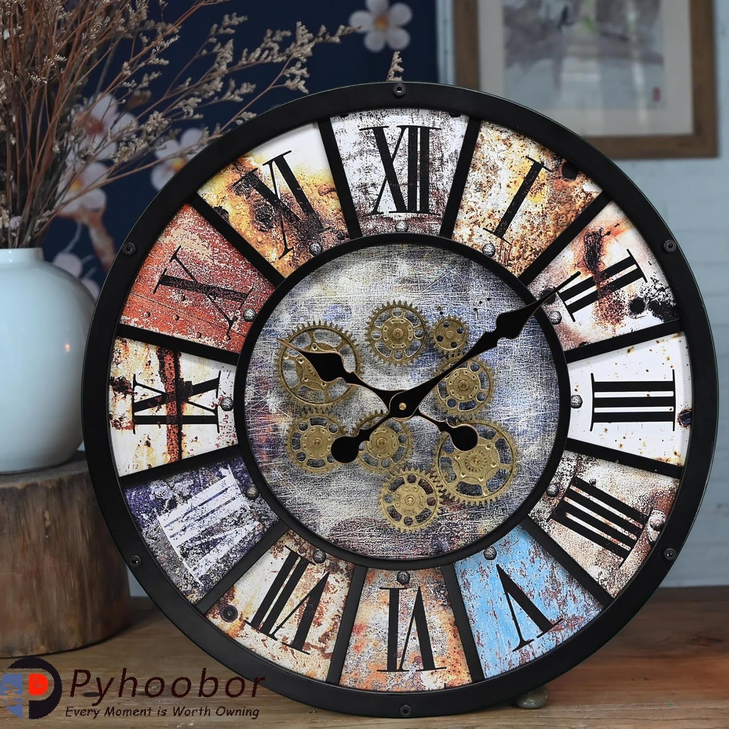Unique Moving Gear Extra Large Wall Clock 21"-Battery Powered. Retro Industrial Steampunk Country Farmhouse Decor for Living Room, Kitchen,Bars, Restaurants, cafes, Offices(Black- 21")