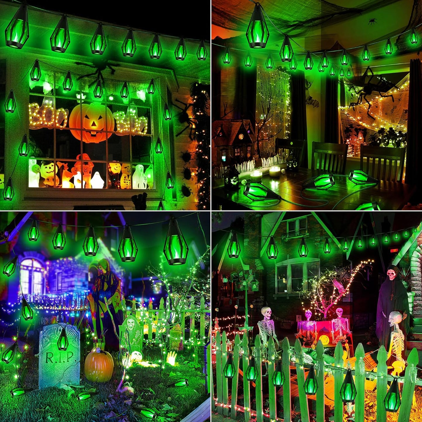iBaycon Solar Halloween Lights, 27Ft 10 LED Bulbs Flickering Flame String Light, Outdoor Waterproof Solar Flame Lights for Garden Yard Patio Halloween Decorations (Green)