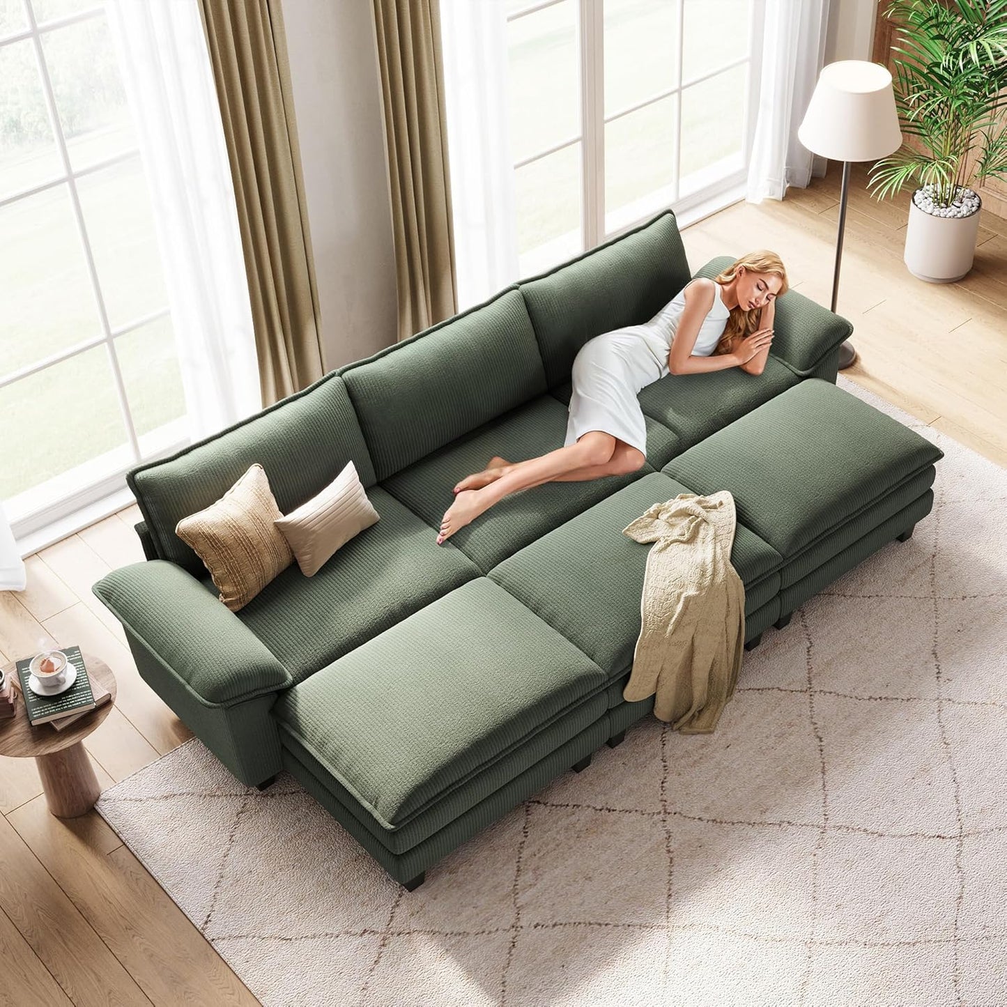LINSY HOME Sectional Sleeper Sofa - 123'' Modular Cloud Couch Oversized Corduroy Sofa Bed with Movable Ottoman Soft Modern Comfy Couch for Living Room Apartment Office, Green
