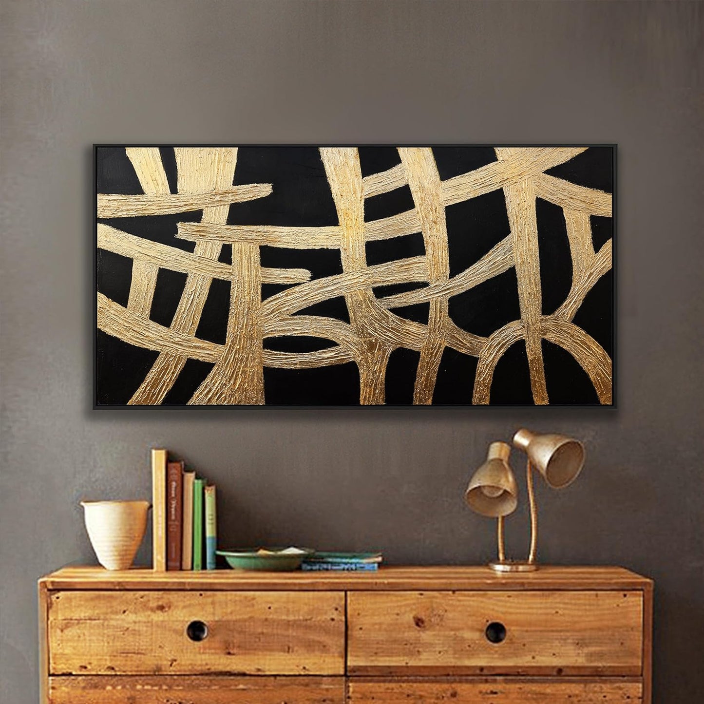 Abstract Wall Art Small Size Black And Gold Lines Texture Artwork Framed Home Decoration Artwork Decor Modern Minimalist Canvas Painting Living Room Decor For Bedroom Office Wall Decor 20"X40"