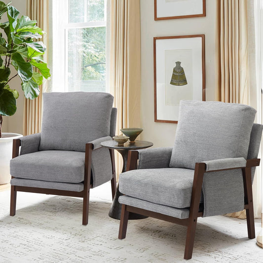 Modern Accent Chairs Set of 2 for Living Room Mid Century Arm Chairs Upholstered Bedroom Chairs Comfy Lounge Chairs with Solid Wood Frame, Grey