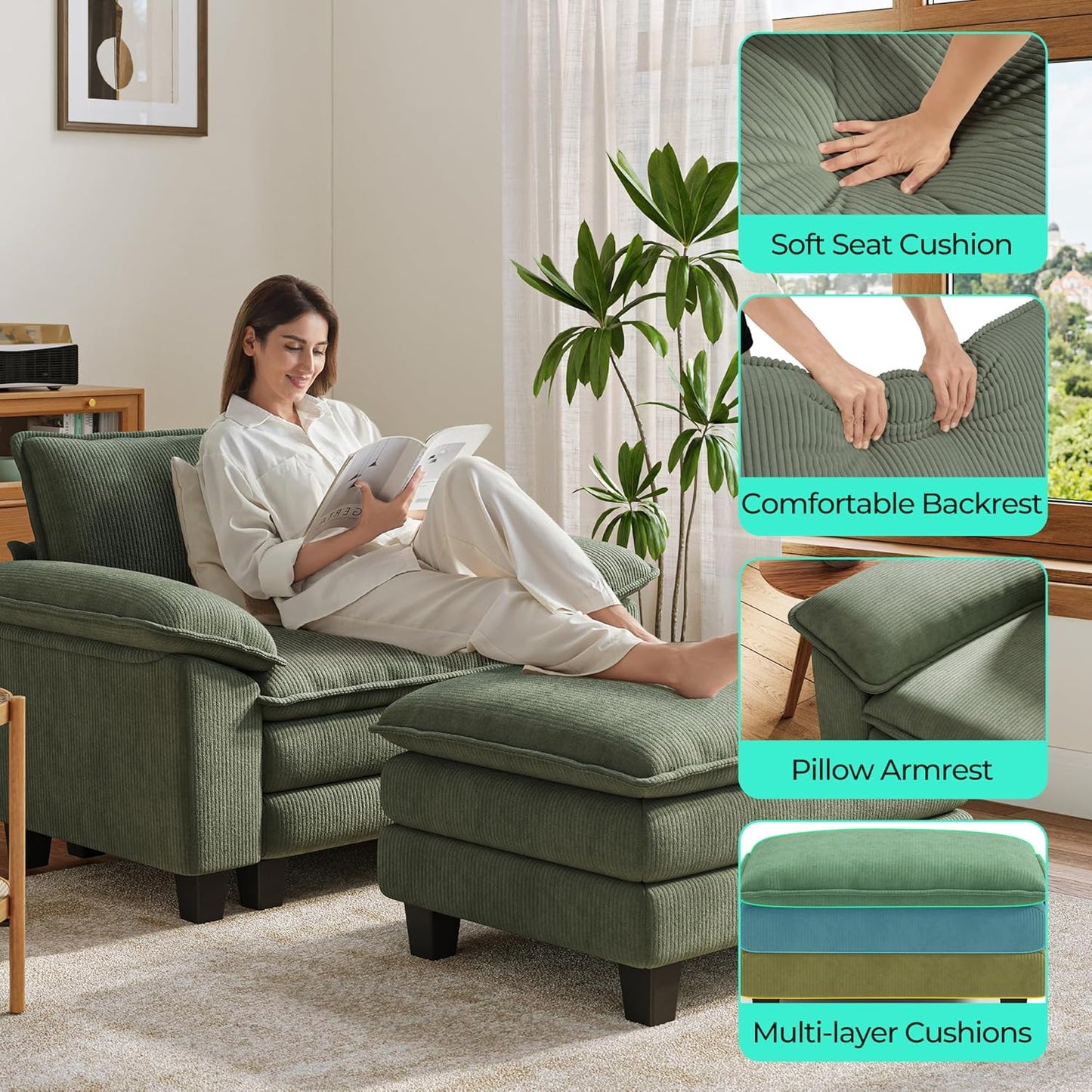 LINSY HOME Sofa Chair with Movable Ottoman - Corduroy Cloud Couch Chair Soft Comfy Modern Sofa Chaise Single Sleeper Chair Bed for Living Room Apartment Office, Green