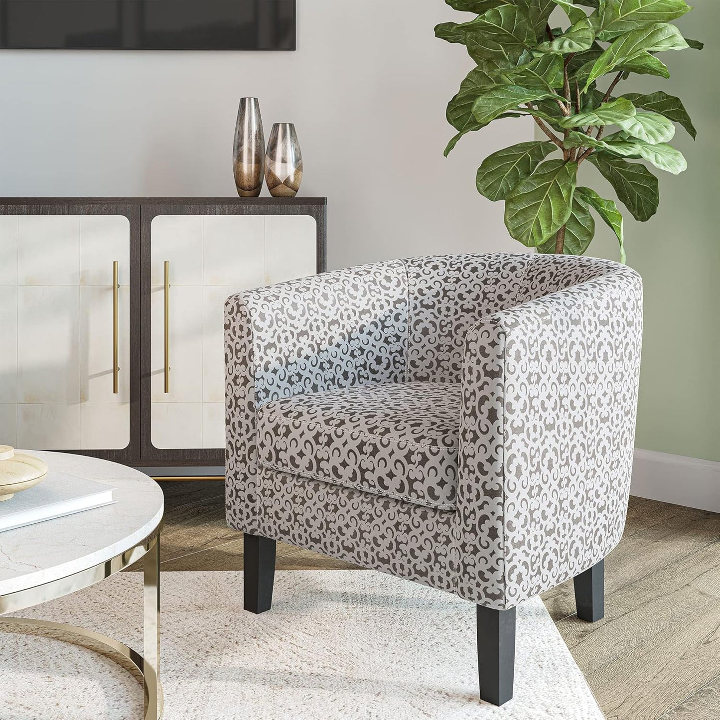 BELLEZE Accent Barrel Chair Set of 2, Linen Round Chair Club Tub Sofa Corner Chair with Flared Legs and Cozy Soft Padding for Living Room Bedroom Waiting Room - White & Brown