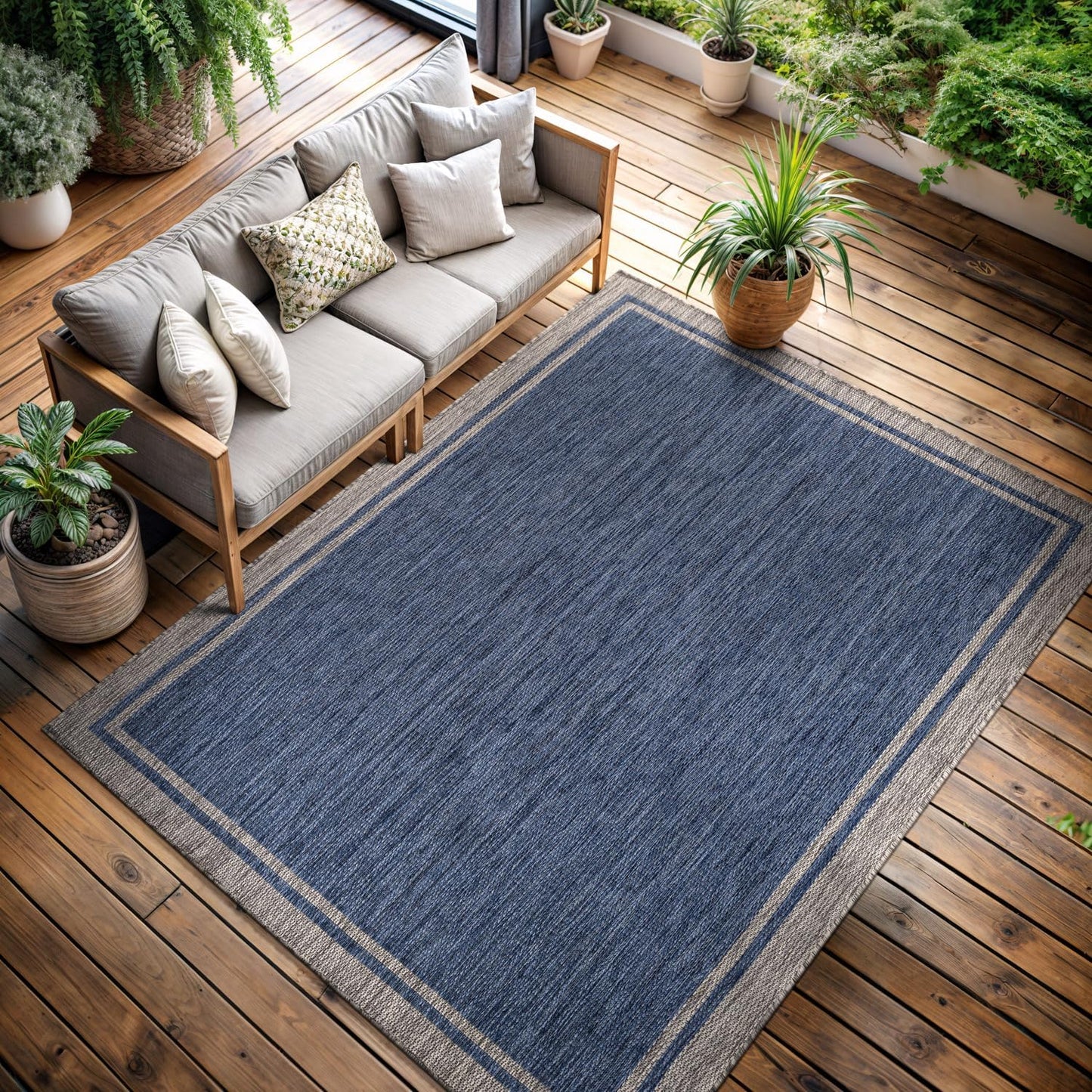 CAMILSON Outdoor Rug, 6x9 Bordered Navy Blue Gray Modern Area Rugs for Indoor and Outdoor Patios, Porches Waterproof Washable Porch Deck Outside Carpet (Bordered Navy, 6 x 9)