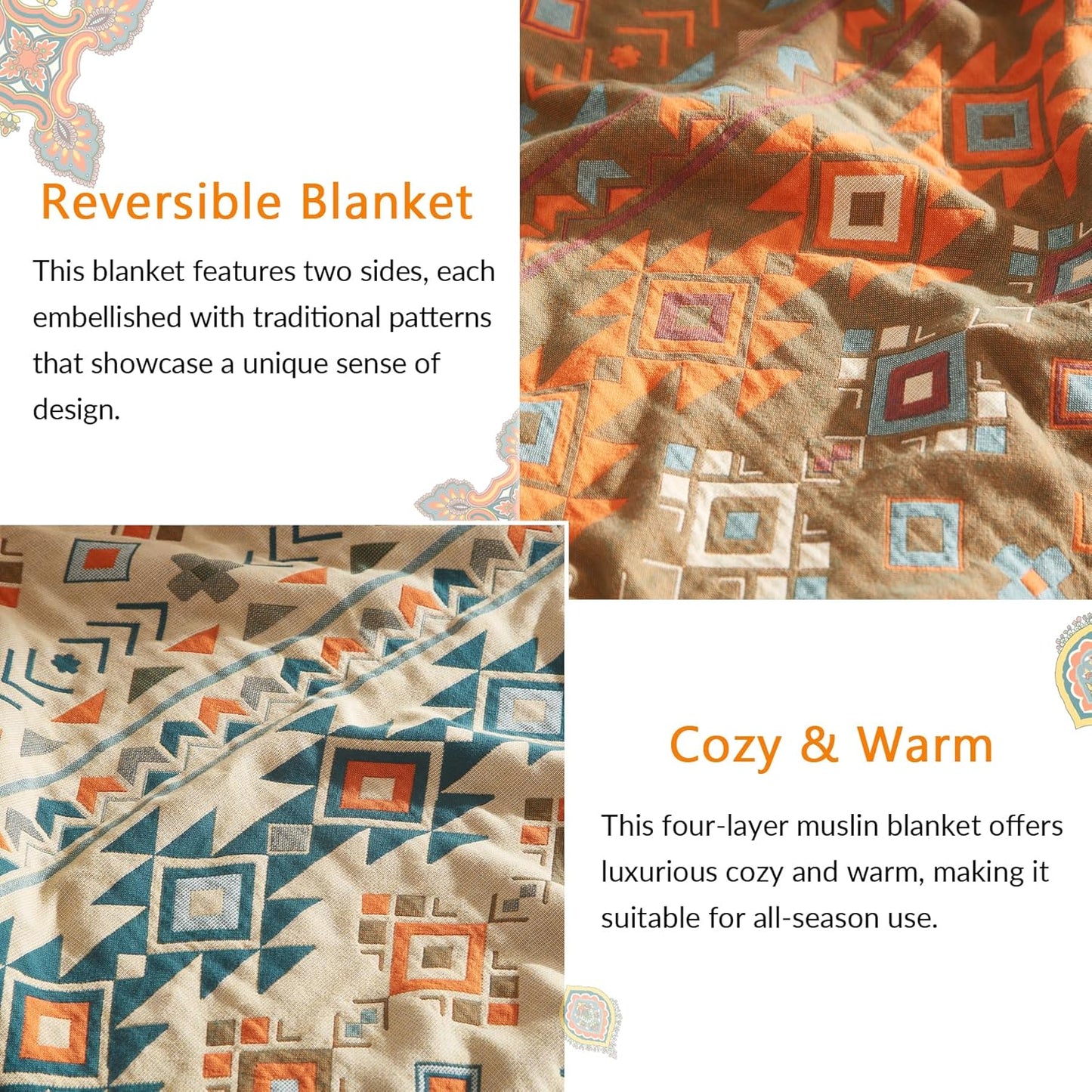 Boho Throw Blanket for Couch Sofa Bed, 100% Cotton Woven Quilt with Tassel 90”x98”, Super Soft Muslin Blanket with Patchwork Printed, Decorative Reversible Bed Blanket/Cover for All Seasons