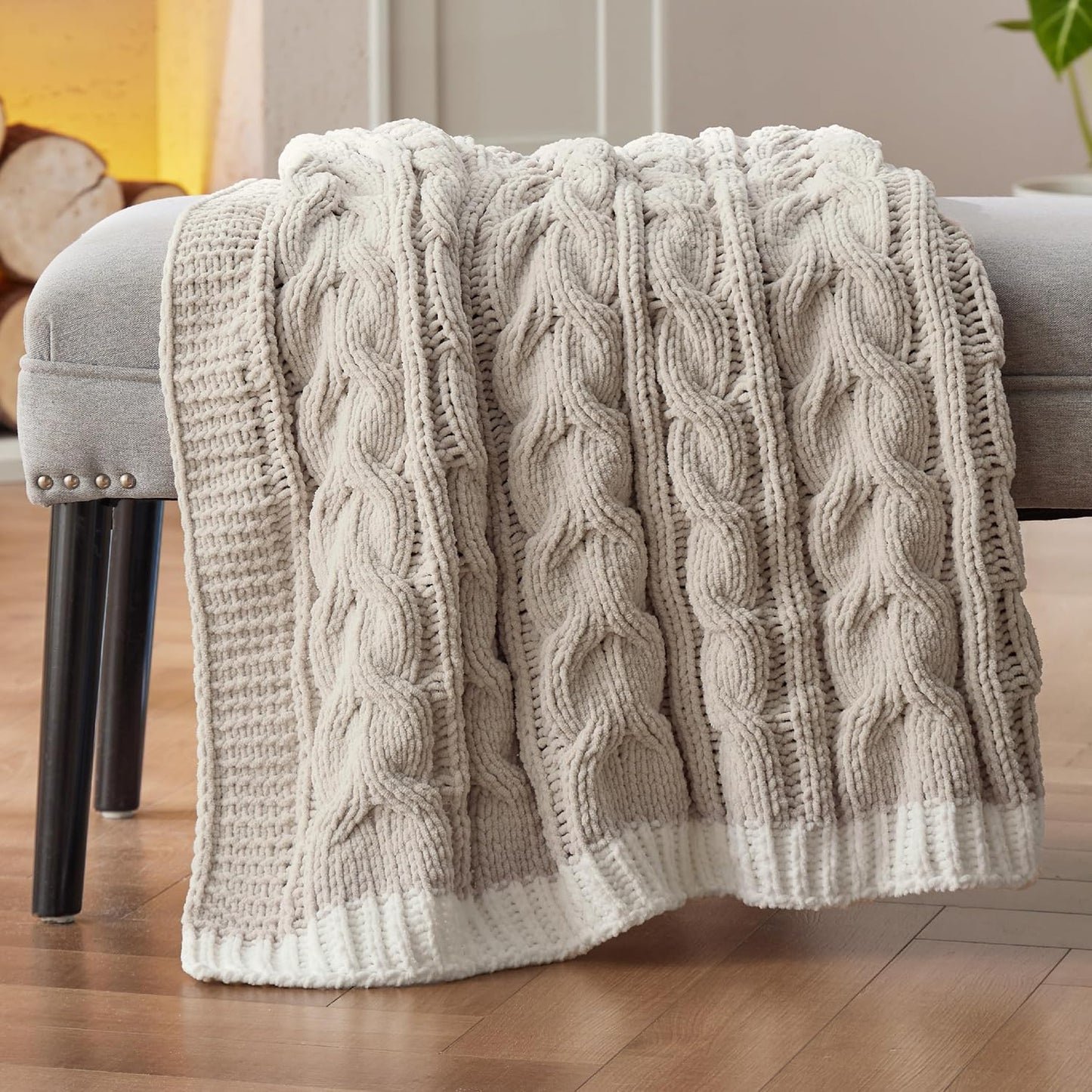 Bedsure Cable Knit Throw Blanket for Couch Bed - Breathable Chenille Chunky Knit Throw Blanket for Decorative Gift, GentleSoft Cozy and Warm for Winter and All Seasons, Beige, 50x60 Inches