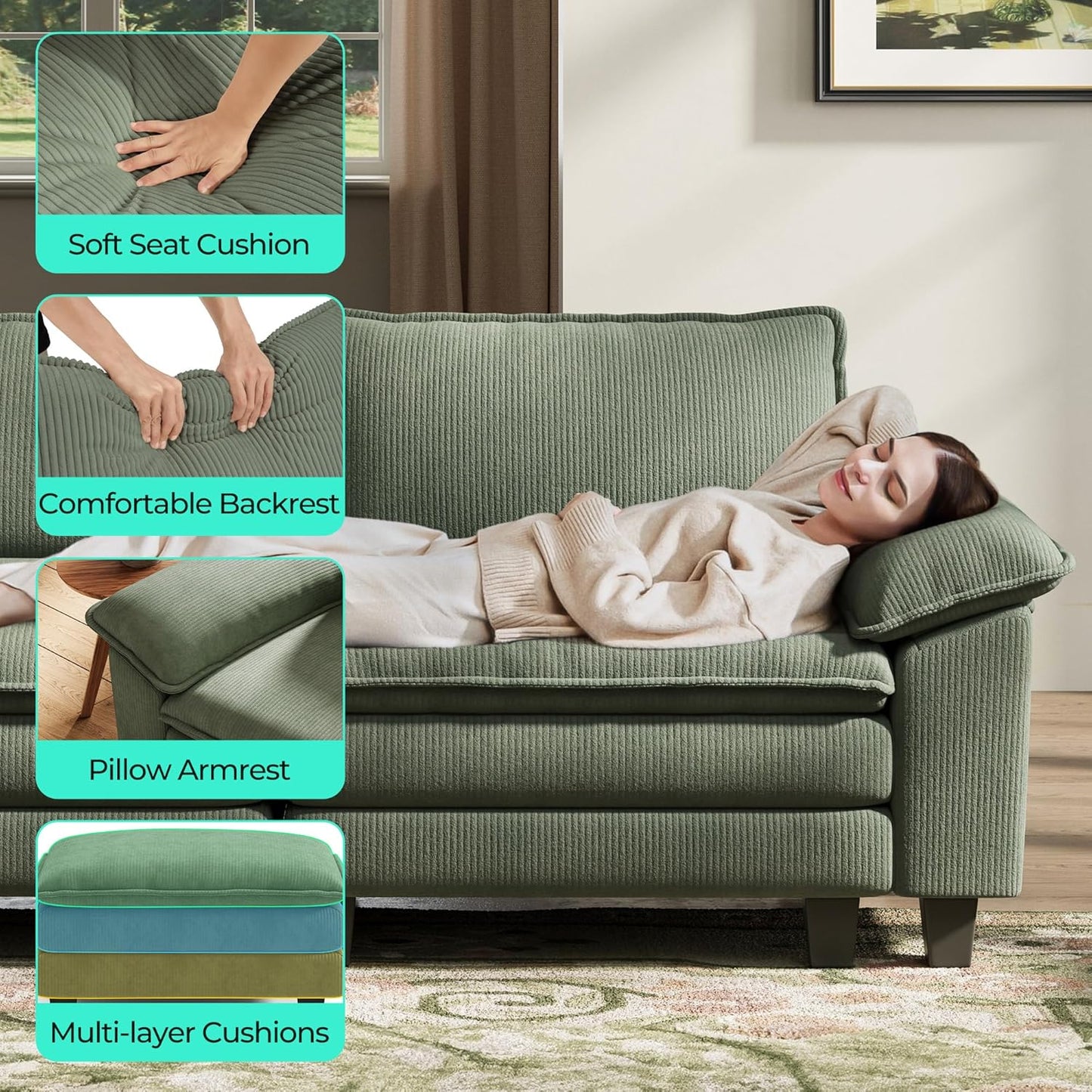 LINSY HOME Modular Sectional Sofa - 157'' Sleeper Sofa Cloud Couch Oversized Corduroy Sofa Bed with Movable Ottoman Soft Modern Comfy Couch for Living Room Apartment Office, Green