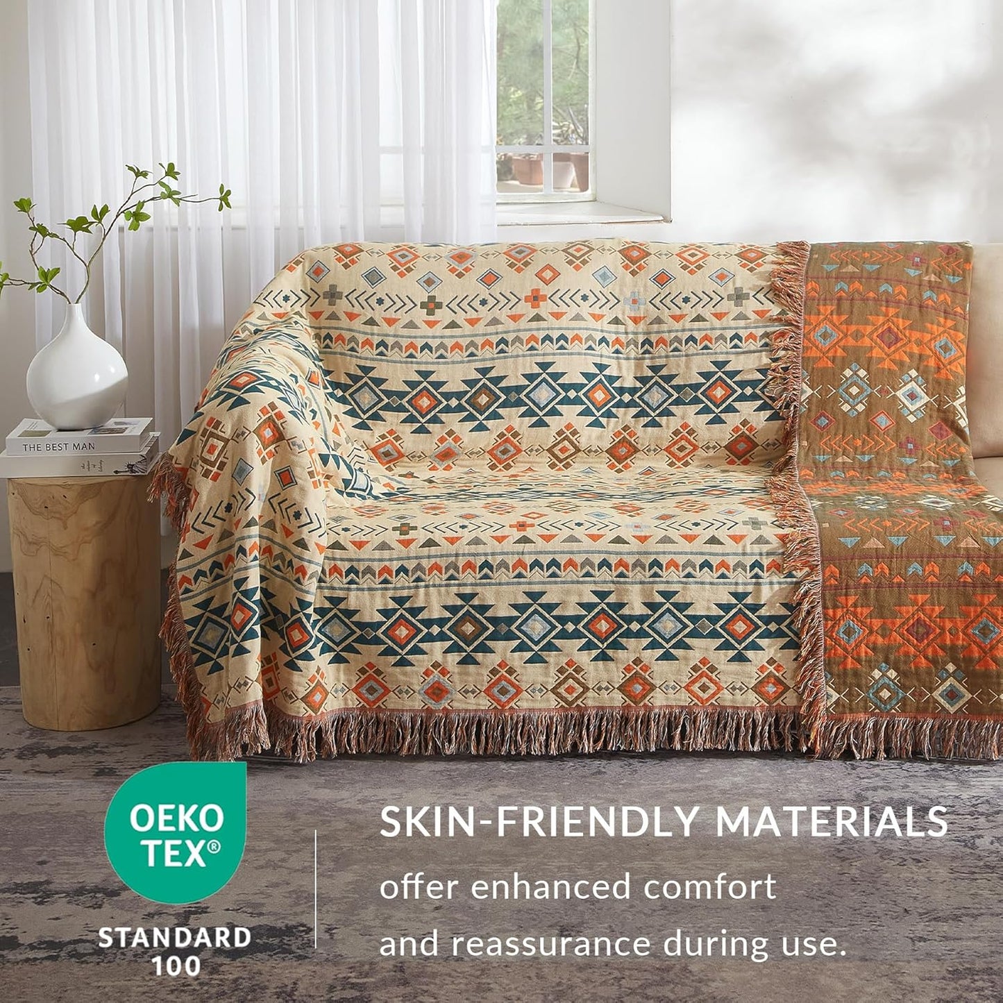 Boho Throw Blanket for Couch Sofa Bed, 100% Cotton Woven Quilt with Tassel 80”x90”, Super Soft Muslin Blanket with Patchwork Printed, Decorative Reversible Bed Blanket/Cover for All Seasons