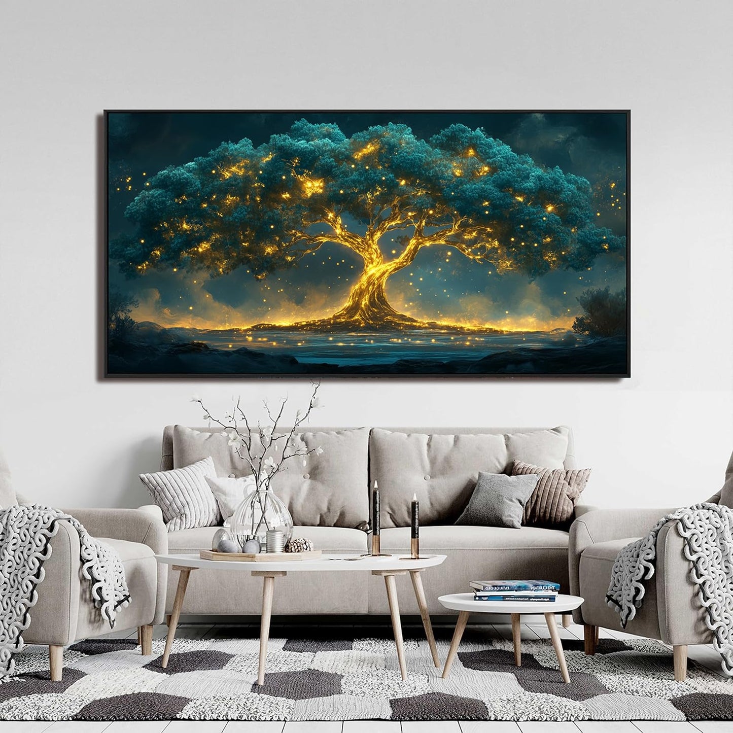 Canvas Framed Wall Art Decor Artwork for Walls Oversized Green Gold Wall Art Prints Large Tree of Life Wall Art for Living Room Canvas Art Wall Decor Modern Home Office Aesthetic Wall Decor 29" x 58"