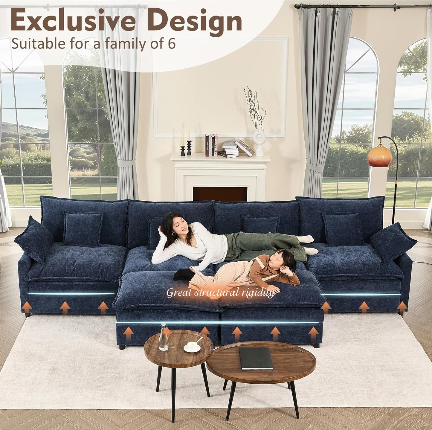 142.5" U Shaped Couch, Modular Sectional Sofa, 3-Seater Comfy Cloud Couch with Movable Ottoman, Deep Seat Couches for Living Room, Chenille, Navy