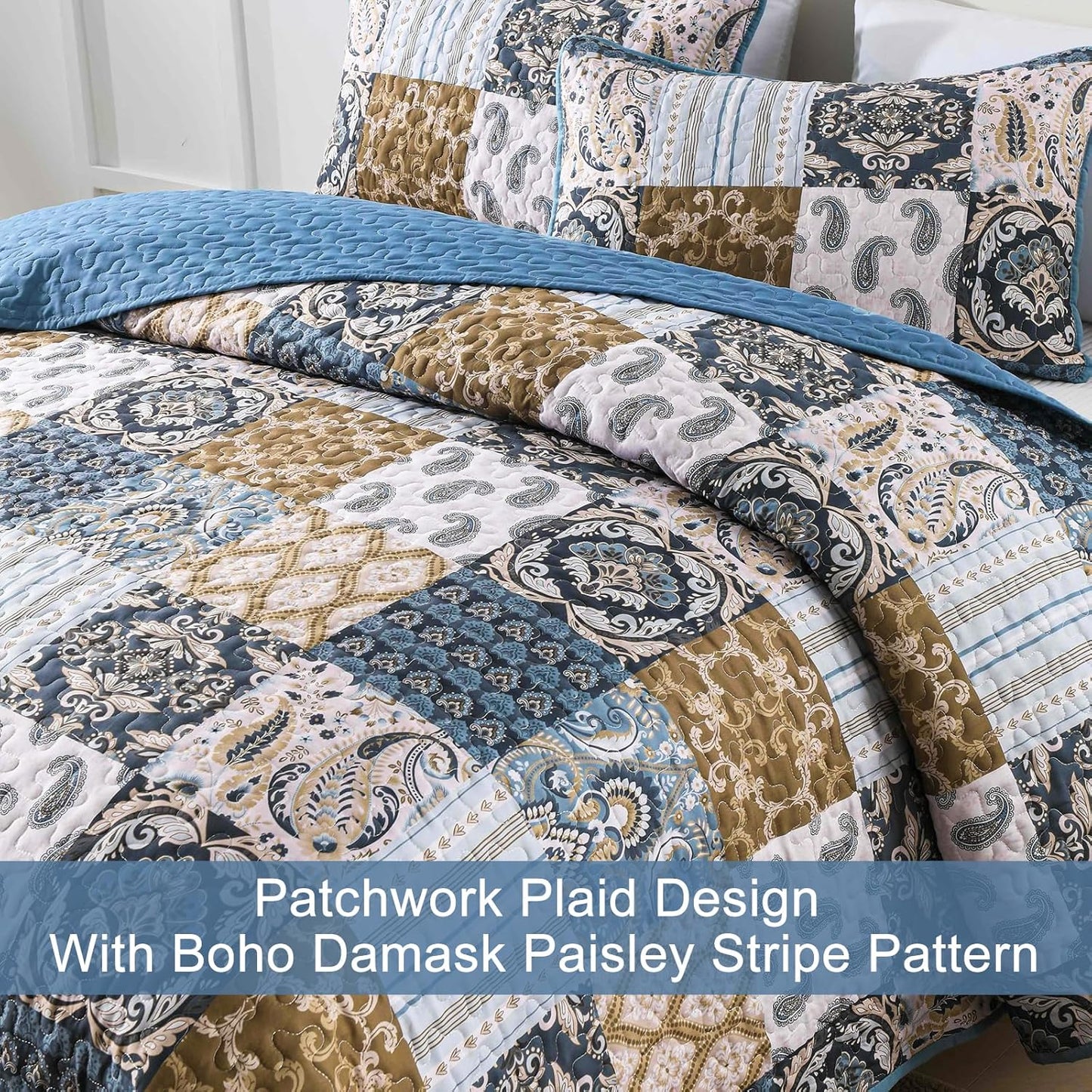 WONGS BEDDING Boho Quilt Set Queen Size, Blue Patchwork Plaid Bedspread Bedding Sets Paisley Soft Microfiber Quilts for Queen Bed 3 Pieces Coverlet Set for All Season (96"x90")