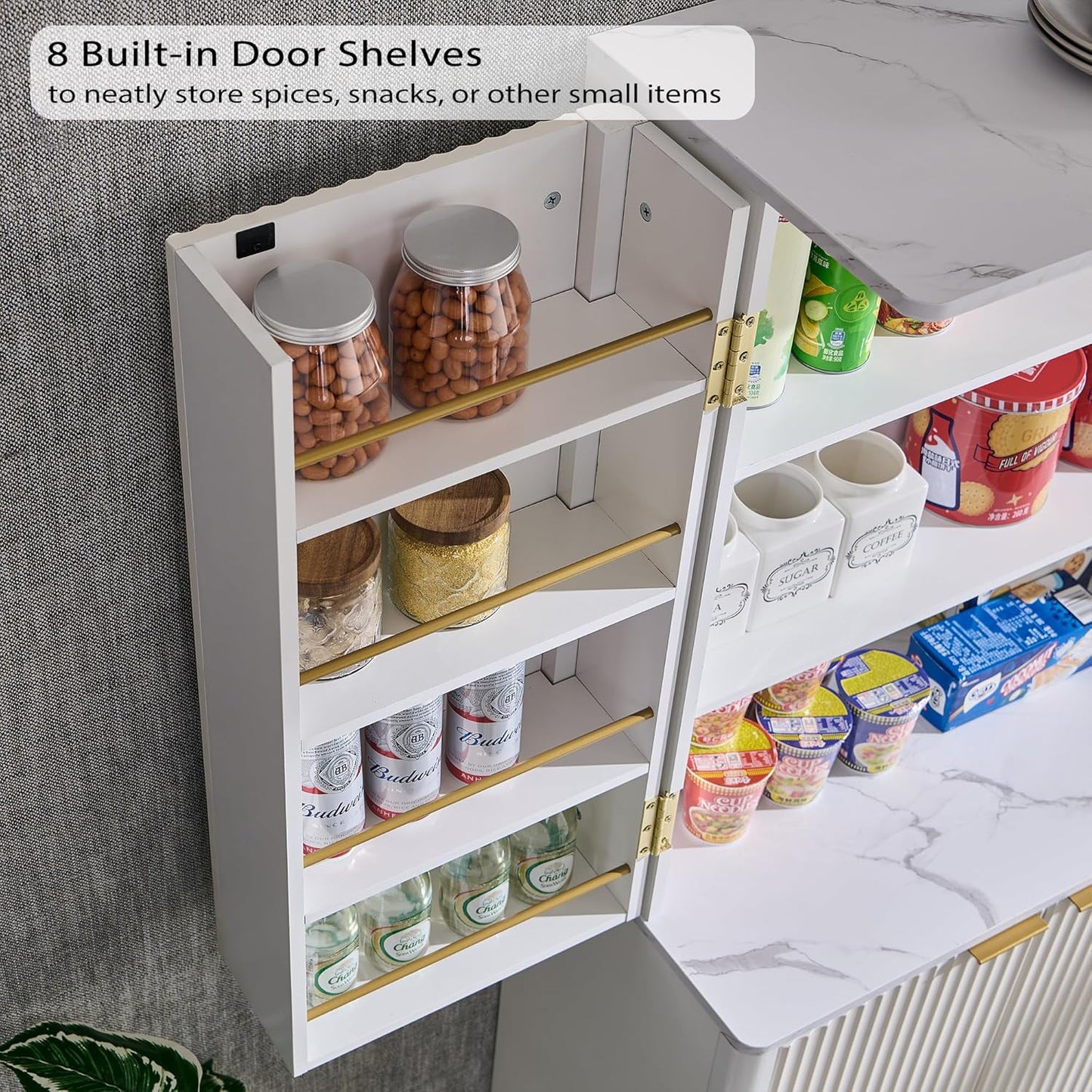 OKD Fluted Kitchen Pantry, 72" Tall Mid Century Modern Storage Cabinet with Adjustable Shelves & Door Organizer, Wood Cabinet for Kitchen, Living Room, Solid White