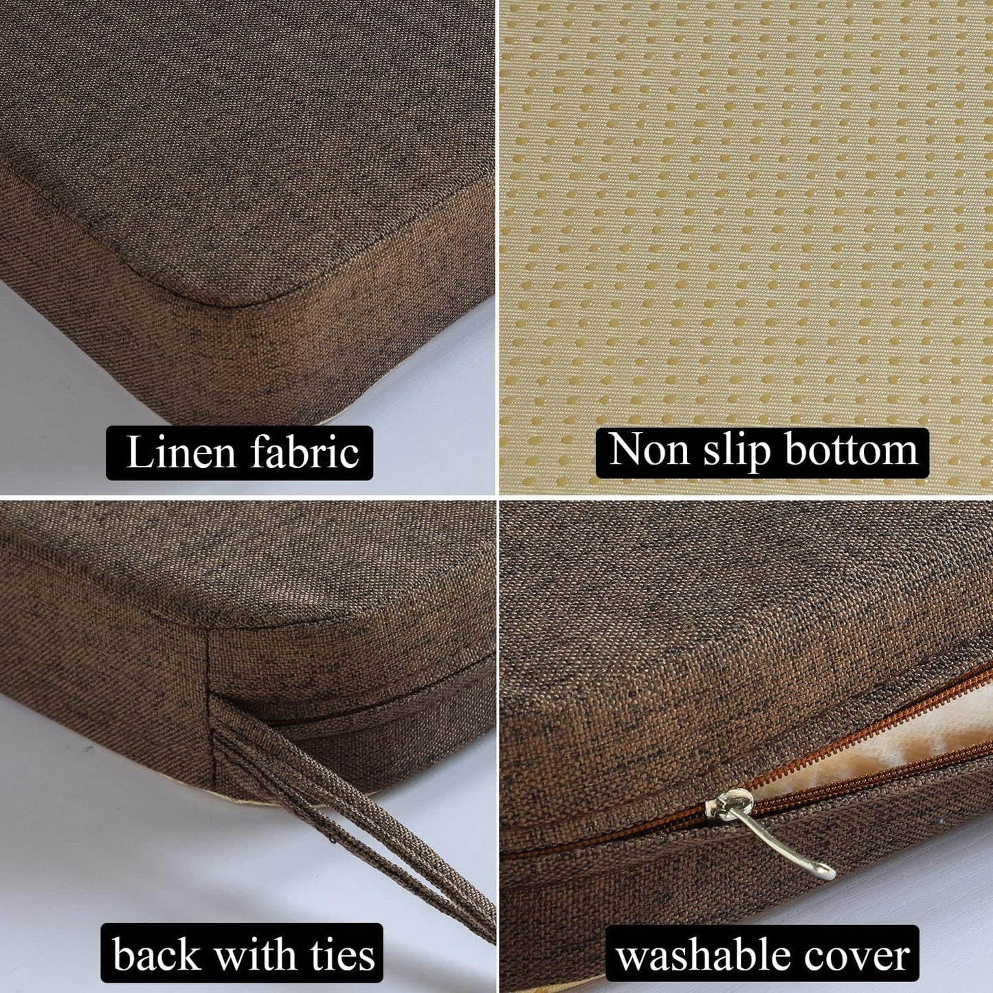 Chair Cushion for Dining Chairs with Ties 4 Pack Non Slip Memory Foam Kitchen Room Chair Pads 17x16 Inch, Brown
