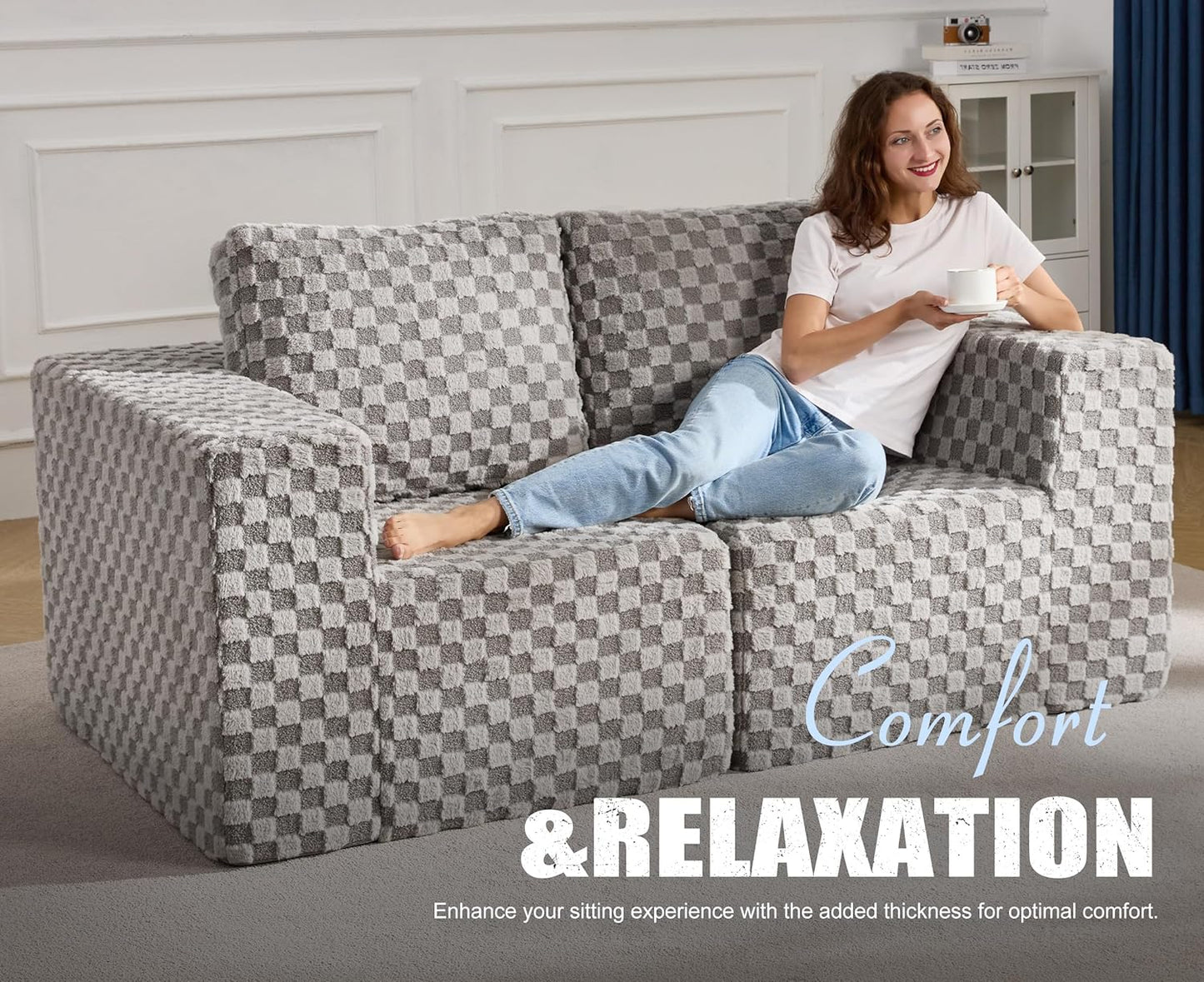 Modular Sectional Sofa 2 Seater Loveseat Modular Couch with Deep Seat Memory Foam Cloud Chair with Pillows Oversized Sectional Sofa for Living Room Bedroom (Plush Grey, Loveseat)
