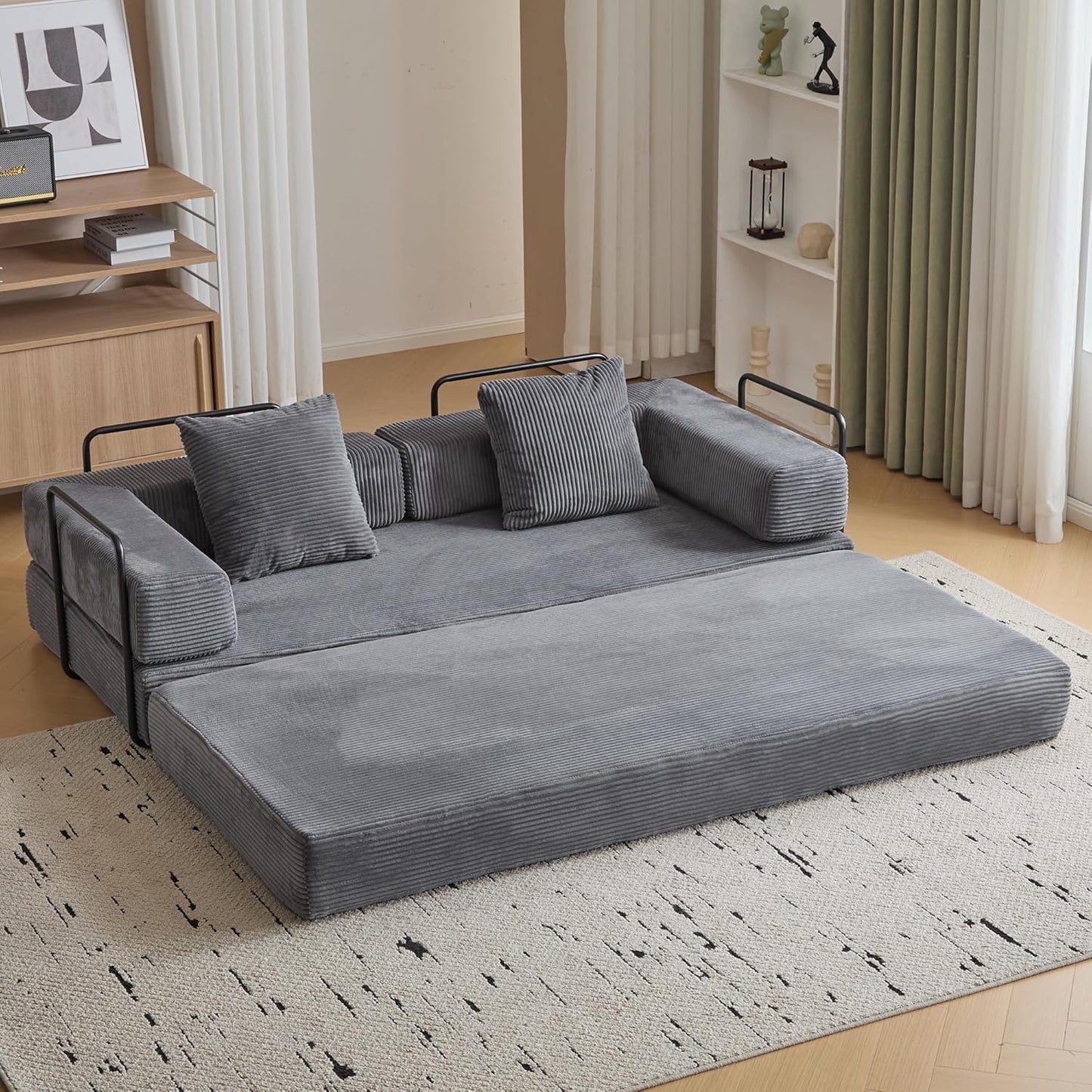 Convertible Sleeper Sofa Bed, Compression Folding Sofa with Pillow, No Assembly Required, Shape Frame, Floor Sofas Lounge Couch for Living Room, Bedroom, Small Spaces(Corduroy, 77''W, Dark Grey)