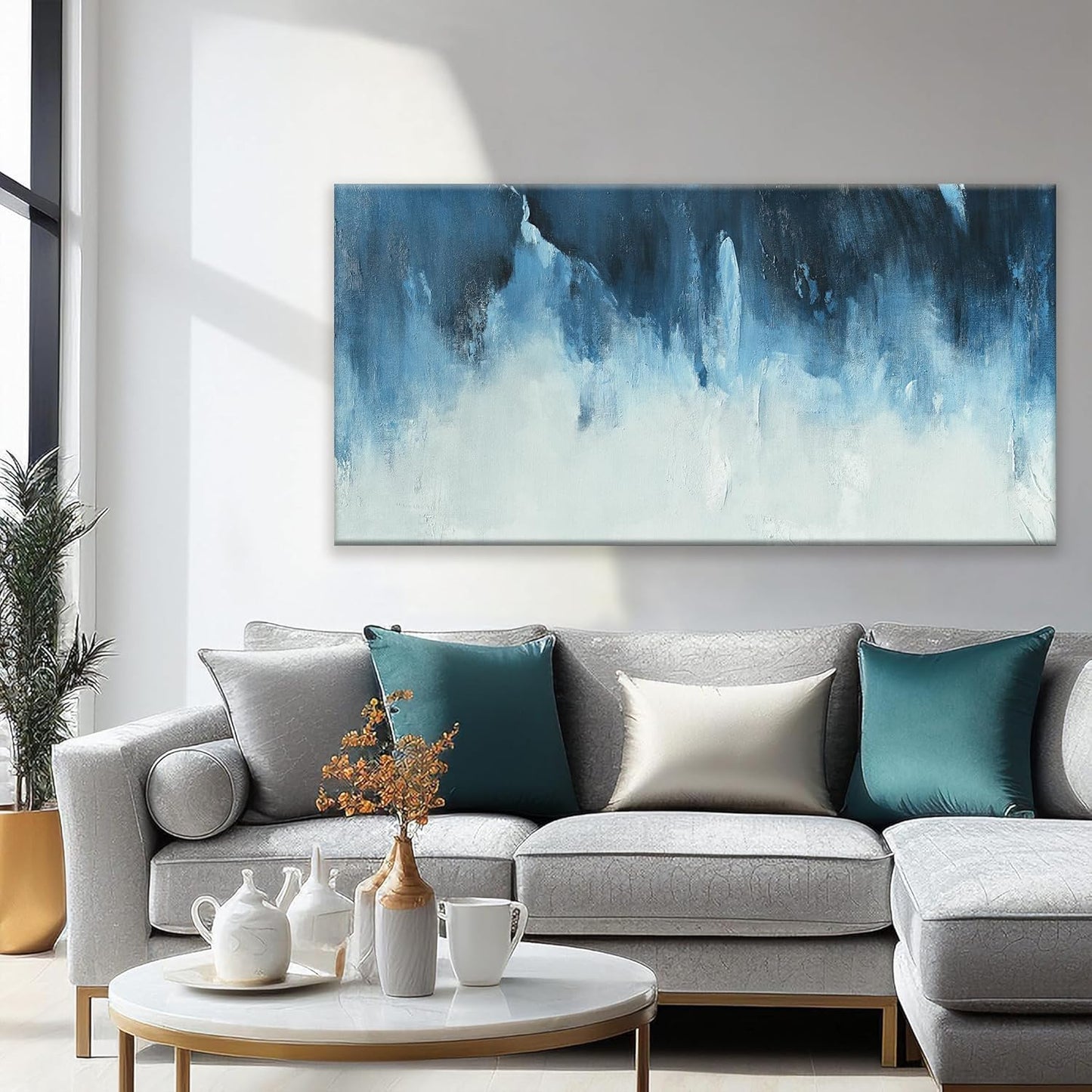 Canvas Wall Art Decor White Blue Wall Art Decor Abstract Art Decoration Pictures For Living Room Art Work Modern Abstract Wall Art Paiintings Prints for Home Bedroom Office Room Wall Decor 24" x 48"