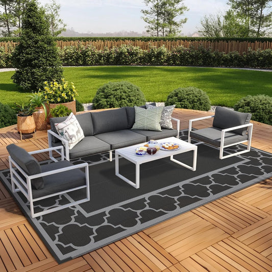 GENIMO 9' x 18' Outdoor Rug Waterproof for Patio, Foldable Reversible Plastic Straw Area Rugs Mat for Rv Decor, Outside Carpet for Camper, Deck, Picnic, Beach, Balcony, Porch, Black & Grey