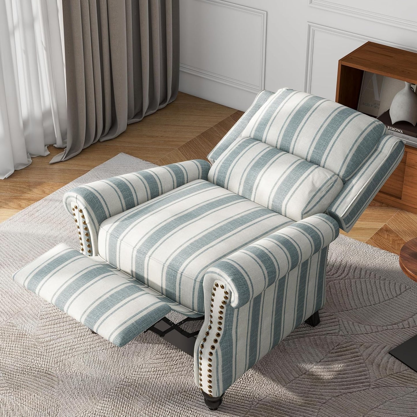 UIXE Pushback Recliner Chairs Set of 2, Fabric Armchair Push Back Accent Chair, Rivet Trim Club Chair Home Theater Overstuffed Single Sofa Reading Seat for Living Room, Stripe Blue