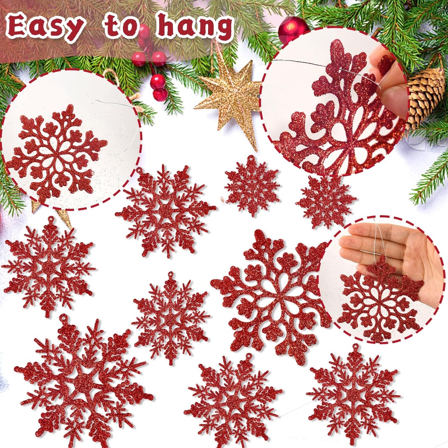 36pcs Red Christmas Snowflake Ornaments, Plastic Glitter Hanging Snow Flakes for Christmas Tree Decorations Winter Wonderland Frozen Birthday Party Holiday Home Decor Craft Snowflakes