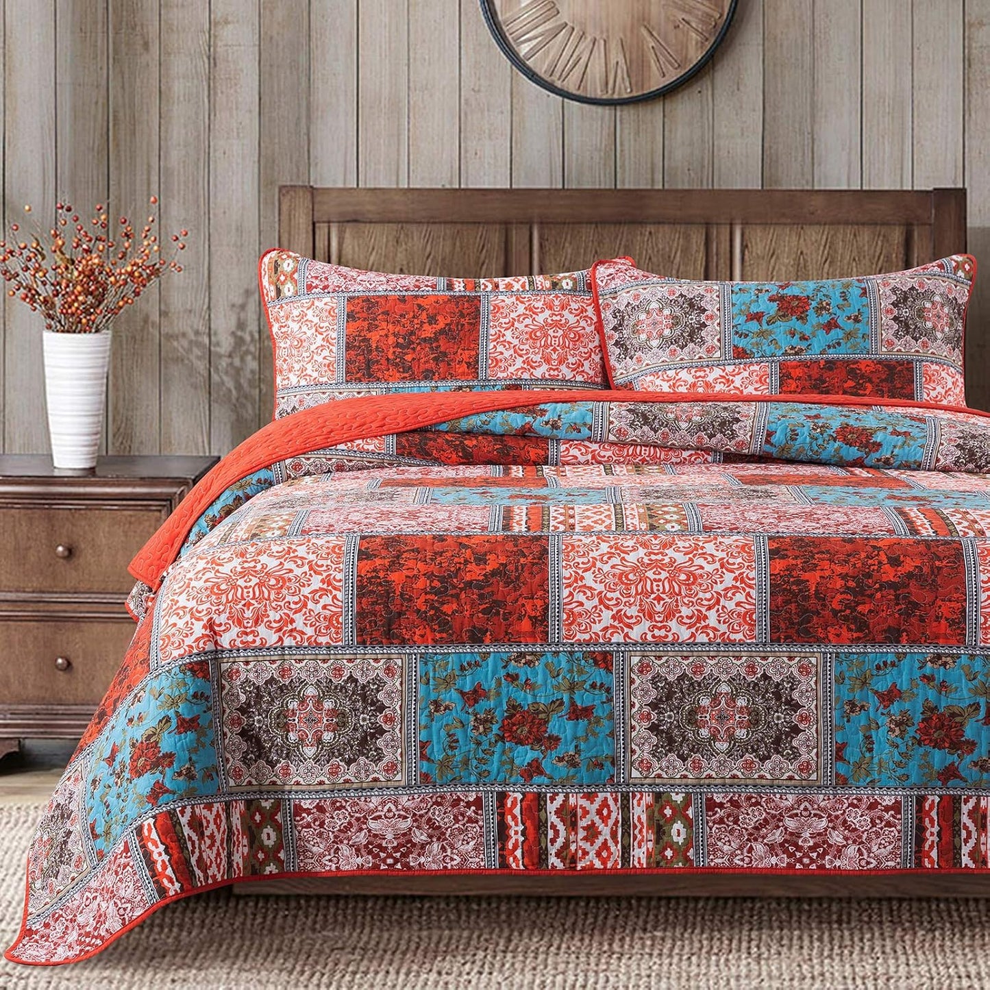 NEWLAKE Cotton Bedspread Quilt Sets-Reversible Patchwork Coverlet Set, Mediterranean Classic Bohemian Pattern,King Size