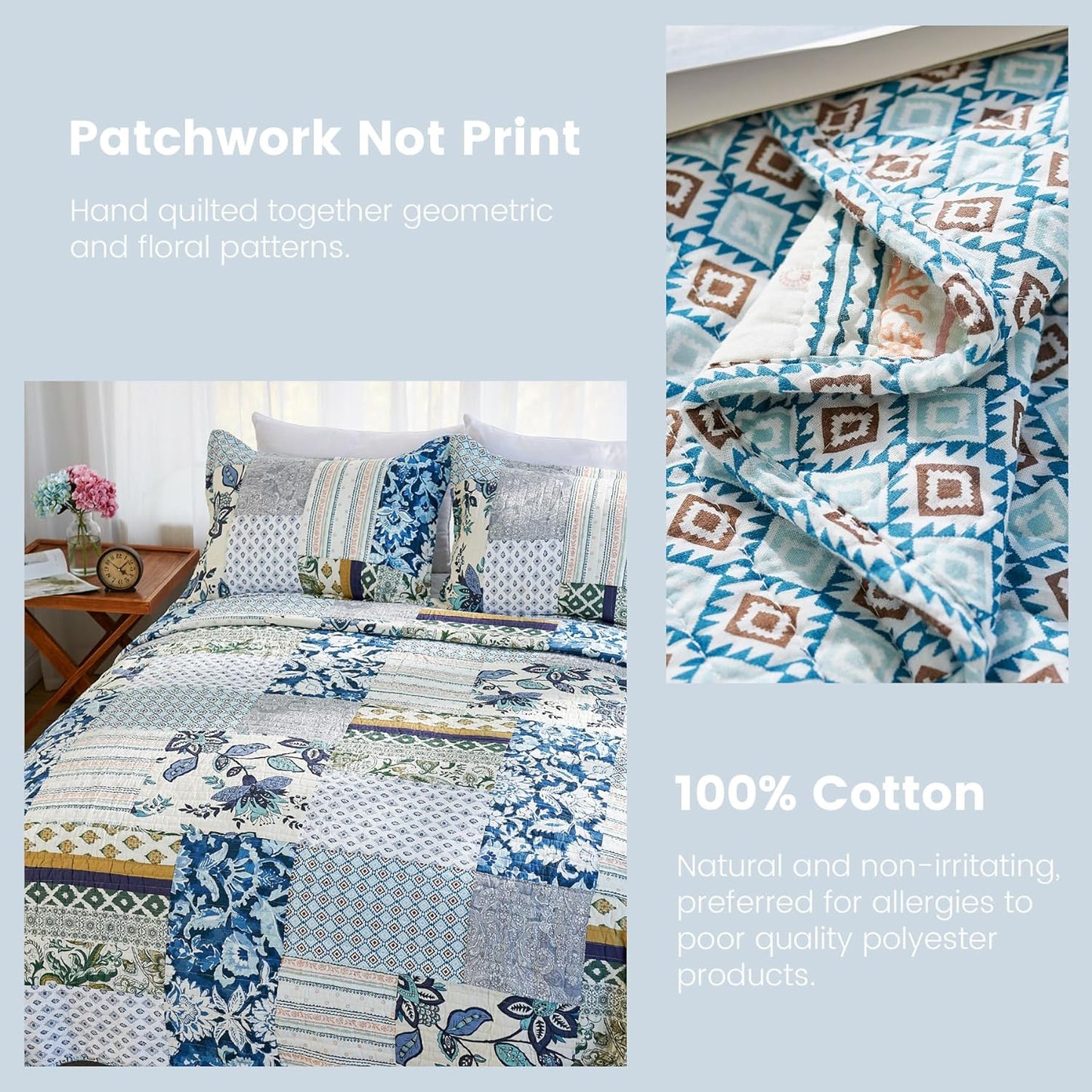 Secgo King Size Comforter Set- 100% Cotton Quilt King Size Set, Green, Sage bedspreads (98 * 106 Inch) with 2 Pillow Shams, Patchwork Reversible Lightweight Bedding