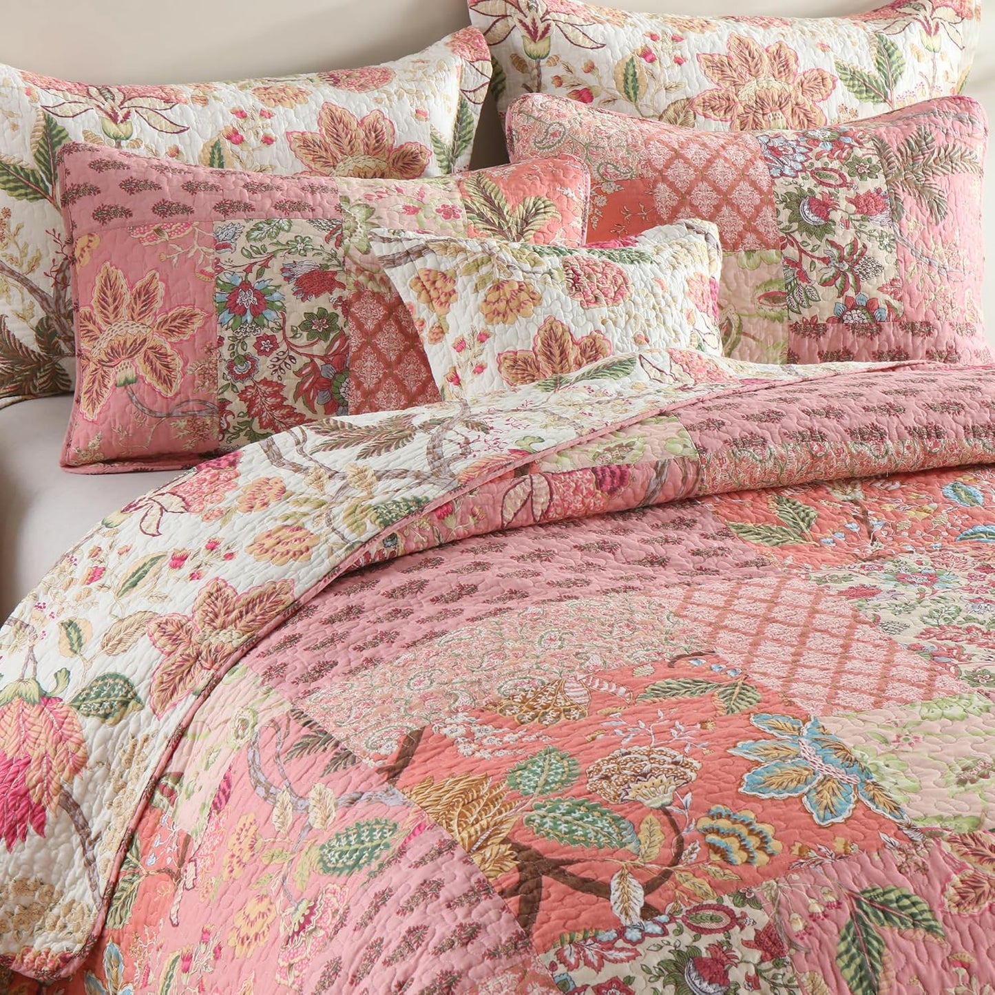 NEWLAKE Cotton Patchwork Bedspread, 3-Piece Bedding Quilt Set with Real Stitched Embroidery, Reversible Matelasse Bed Coverlet Set,Bohemian Floral, Queen Size