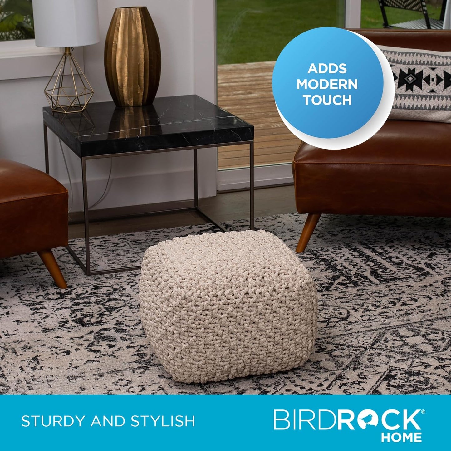 BIRDROCK HOME Square Pouf Ottoman | Cotton Braided Foot Stool with Bean Bag Filling | Boho Foot Rest for Living Room, Bedroom | Compact & Comfortable Seating, Lightweight & Sturdy | Natural