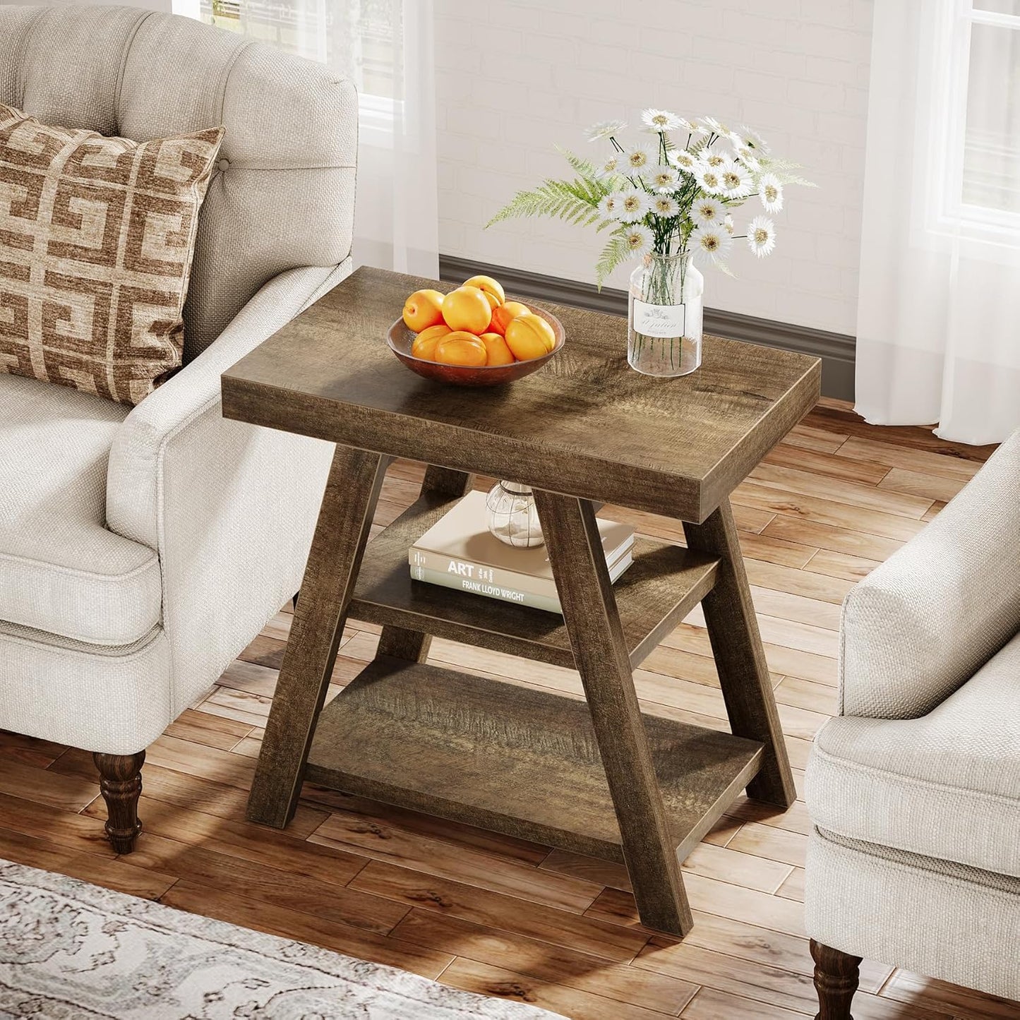 Tribesigns Small Wood End Table, 3-Tier Farmhouse Narrow Couch Side Table with Storage, Vintage Sofa Side Table for Living Room, Heavy-Duty Wooden Bedside Table for Bedroom, Small Spaces, Rustic Brown