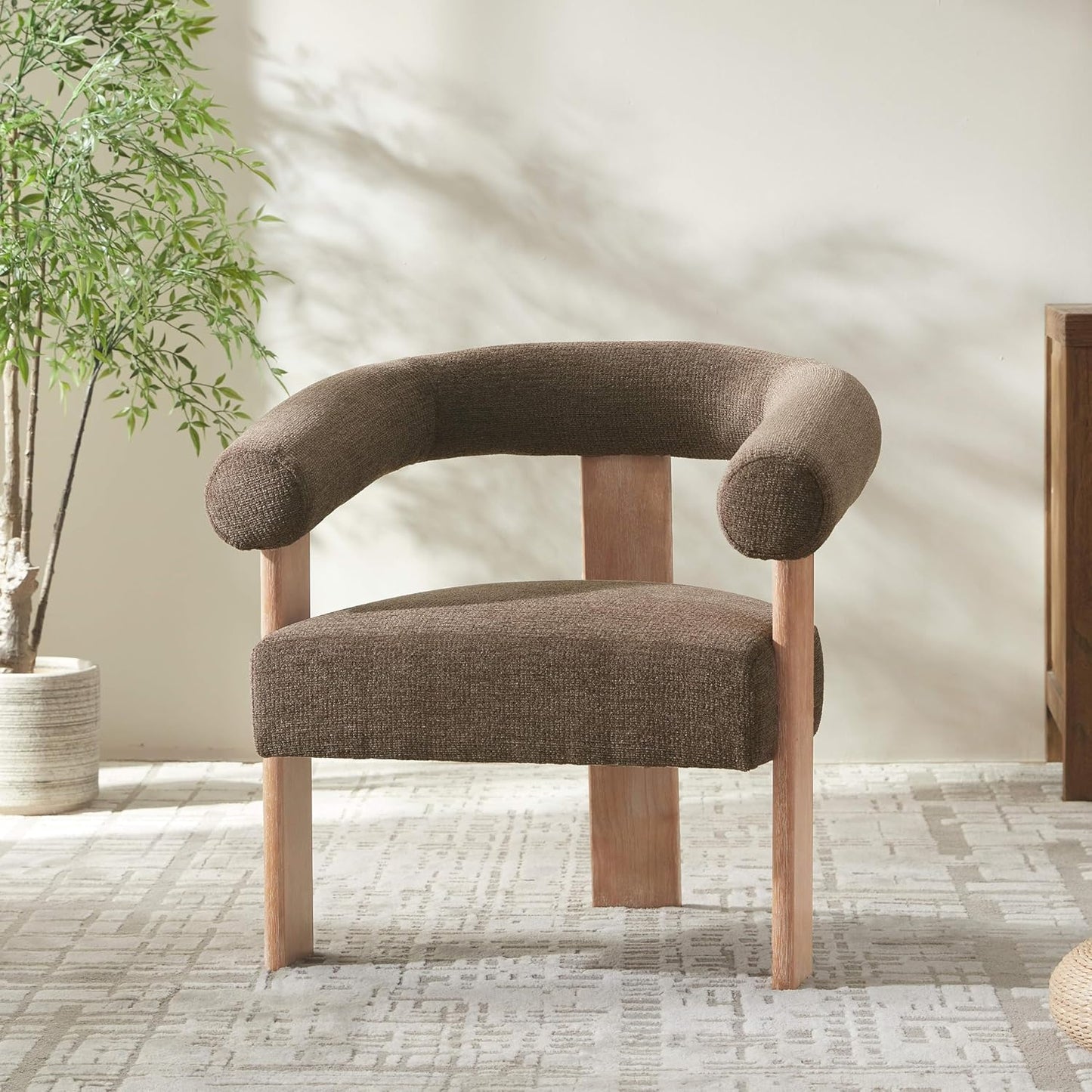 VKNOW Accent Chair Living Room Chair, Modern Upholstered Armchair with Solid Wood Legs, Comfy Barrel Arm Chairs for Living Room Bedroom, Brown