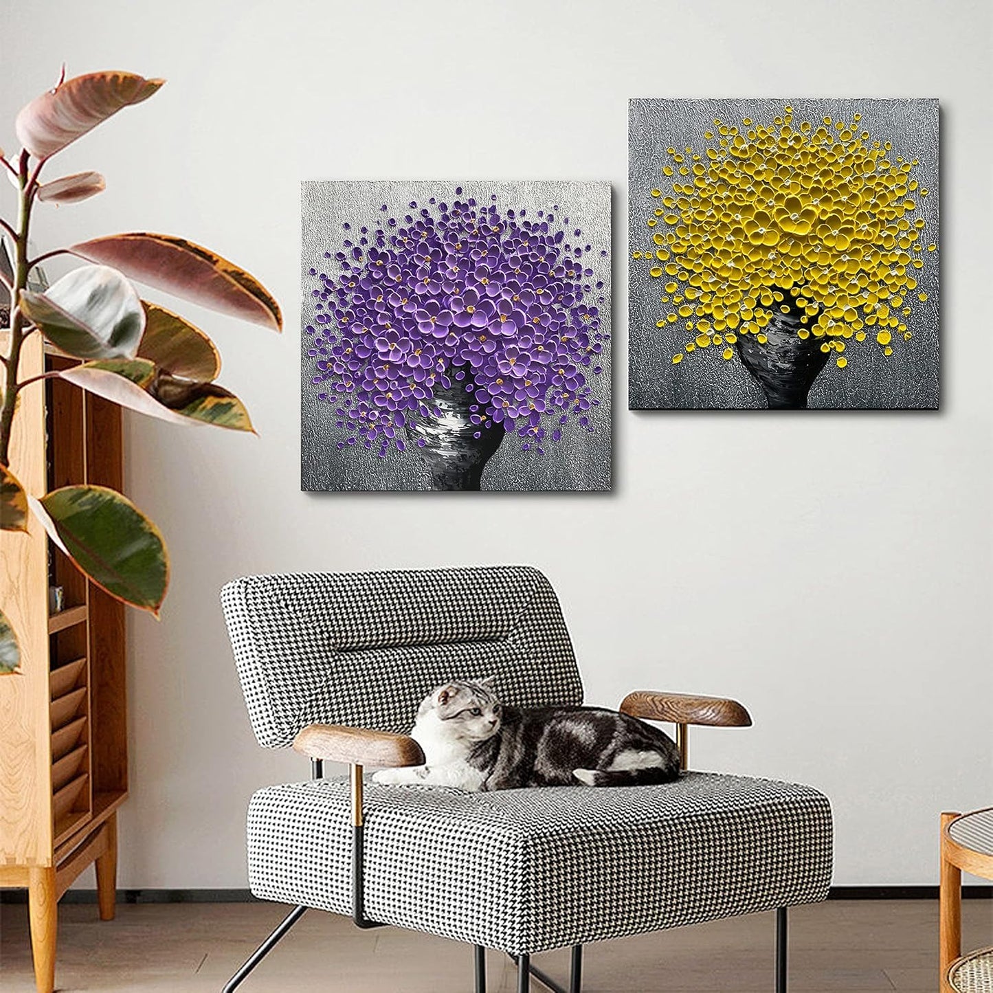 24x24 Hand-Painted Purple Flowers 3D Abstract Decorative Paintings, Wall Decorative Frame Wall Art, Modern Art Living Room Bedroom Office Hotel and Restaurant Wall Art