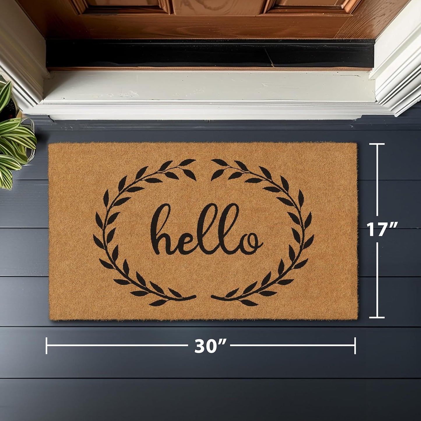 Barnyard Designs Natural Coco Coir Heavy Duty Backing Doormat - Large Cute Non-Slip Front Door Welcome Mat for Outside Entrance or Porch Entry, Brown (17x30, Hello Wreath)