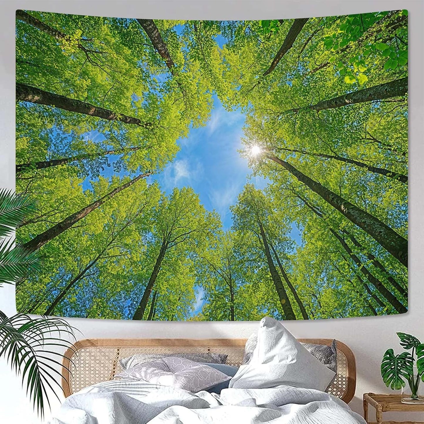 AMM Nature Forest Tree Celling Tapestry Lush Green Treetops Sunlit Tapestry for Bedroom Aesthetic Sky Sunlight Canopy Leaves Landscape Tapestries Wall Hanging for Living Room Dorm Office 80 x 60 Inch
