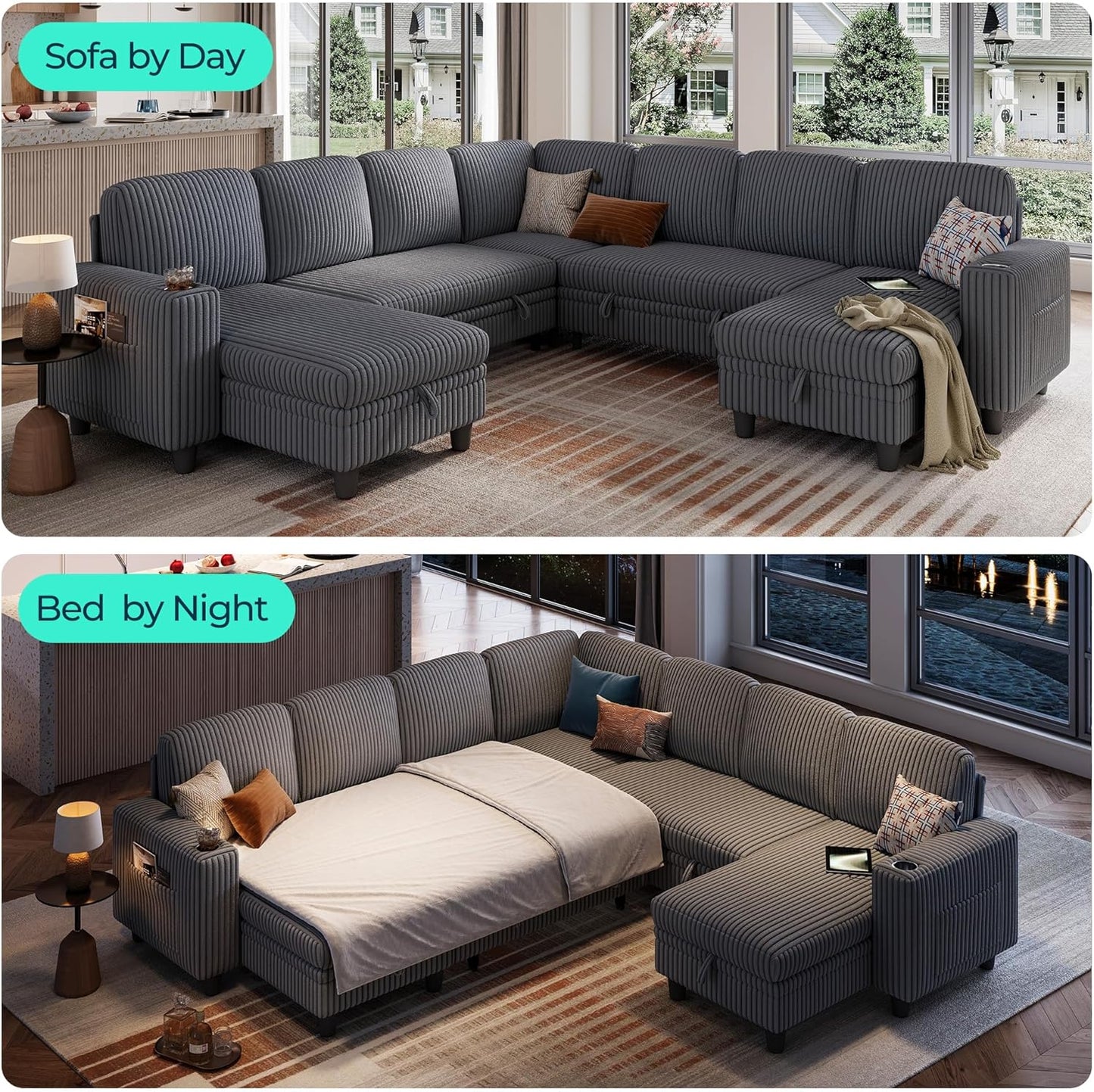 LINSY HOME Sectional Sleeper Sofa with Pull Out Couch Bed - Convertible Plush Corduroy Cloud Couch with Storage Chaise & USB Charging, Comfy Modular Couches for Living Room, Grey