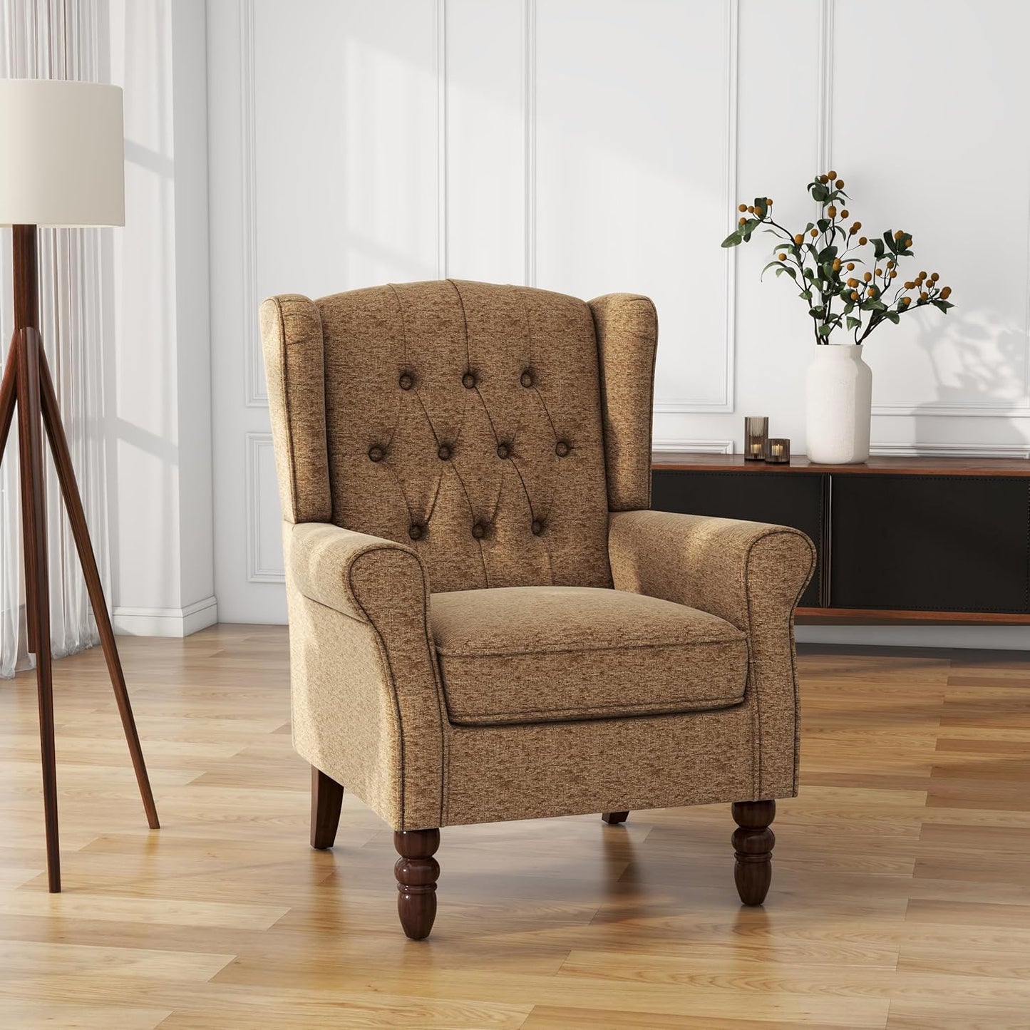 UIXE High Back Accent Chairs Set of 2, Upholstered Armchair in Fabric, Retro Wingback Arm Chair for Living Room, Comfy Single Sofa Bedroom Reading Seat with Solid Wood Legs - Brown