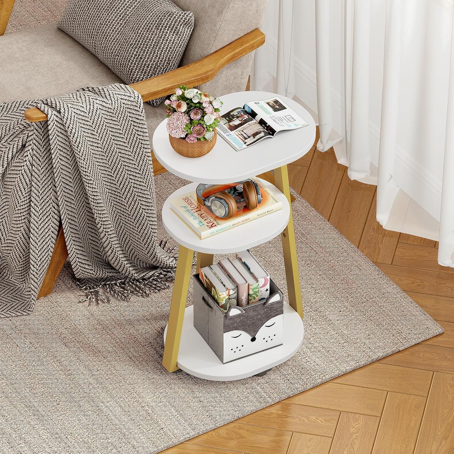 Side Table, Small End Table with Metal Frame, 3-Tier Bedside Tables, Round Side Tables for Living Room Bedroom Couch Bathroom, Oval, White