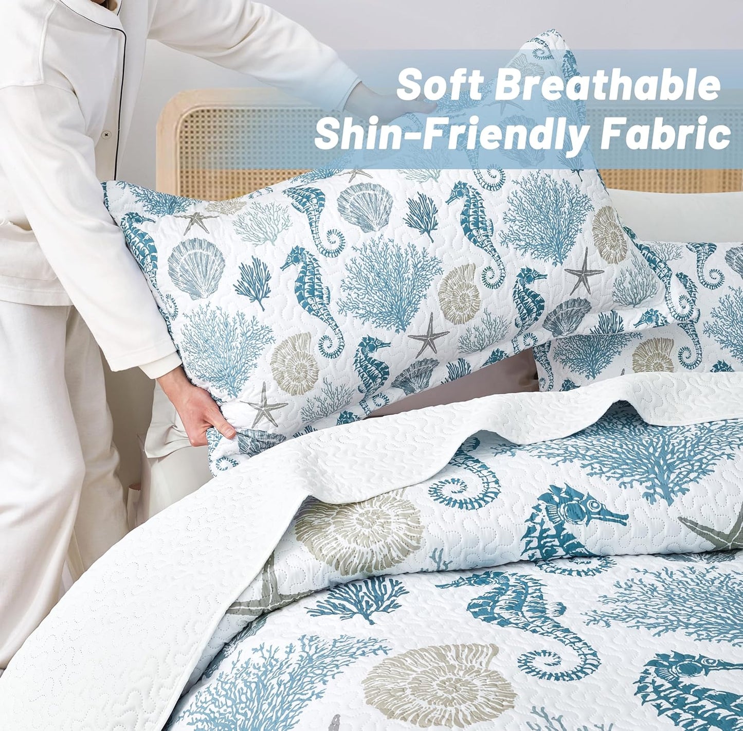 Coastal Bedding King Size Coastal Quilt with 2 Shams, Nautical Beach Comforter Sets Ocean Bedspreads Blue Seahorse Coverlet Summer Bedding, 96''x106''